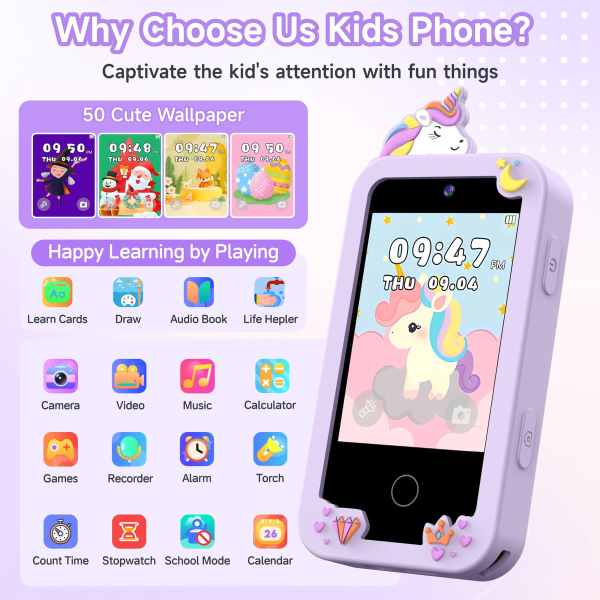 MOTCTQVD Kids Smart Phone Toy for Girls 3-9 | Dual Camera, 8GB, No Internet