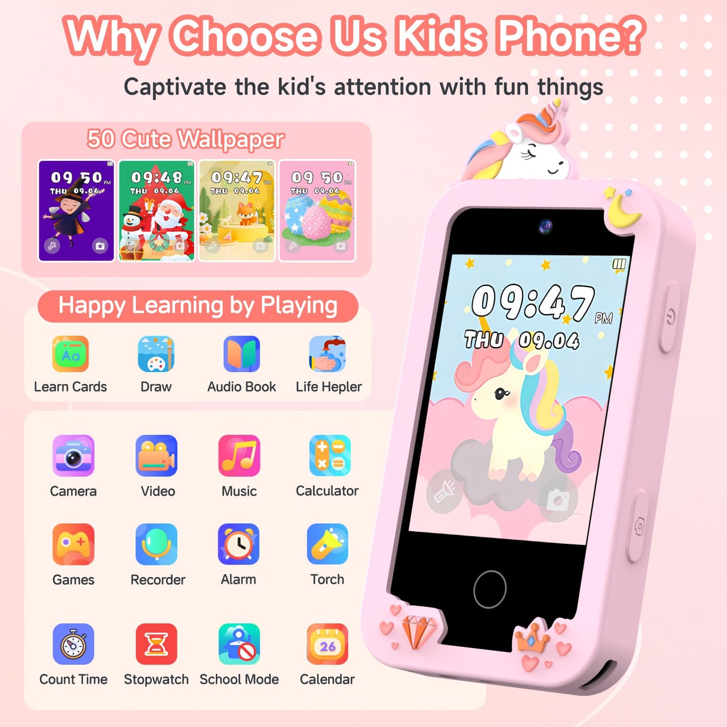 MOTCTQVD Kids Phone Toy for Girls 3-9 — Dual Cameras, Music, Games (Offline)