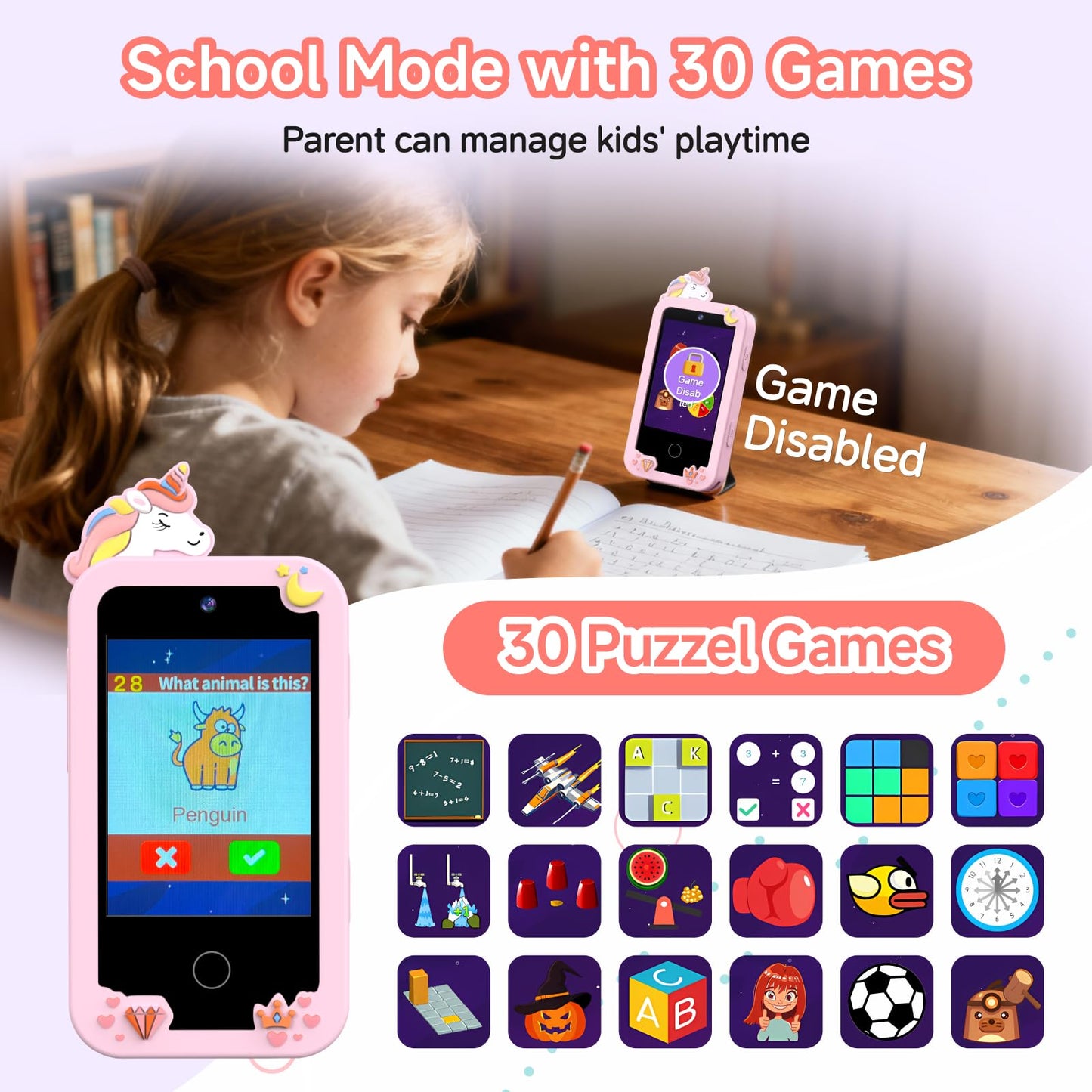 MOTCTQVD Kids Phone Toy for Girls 3-9 — Dual Cameras, Music, Games (Offline)
