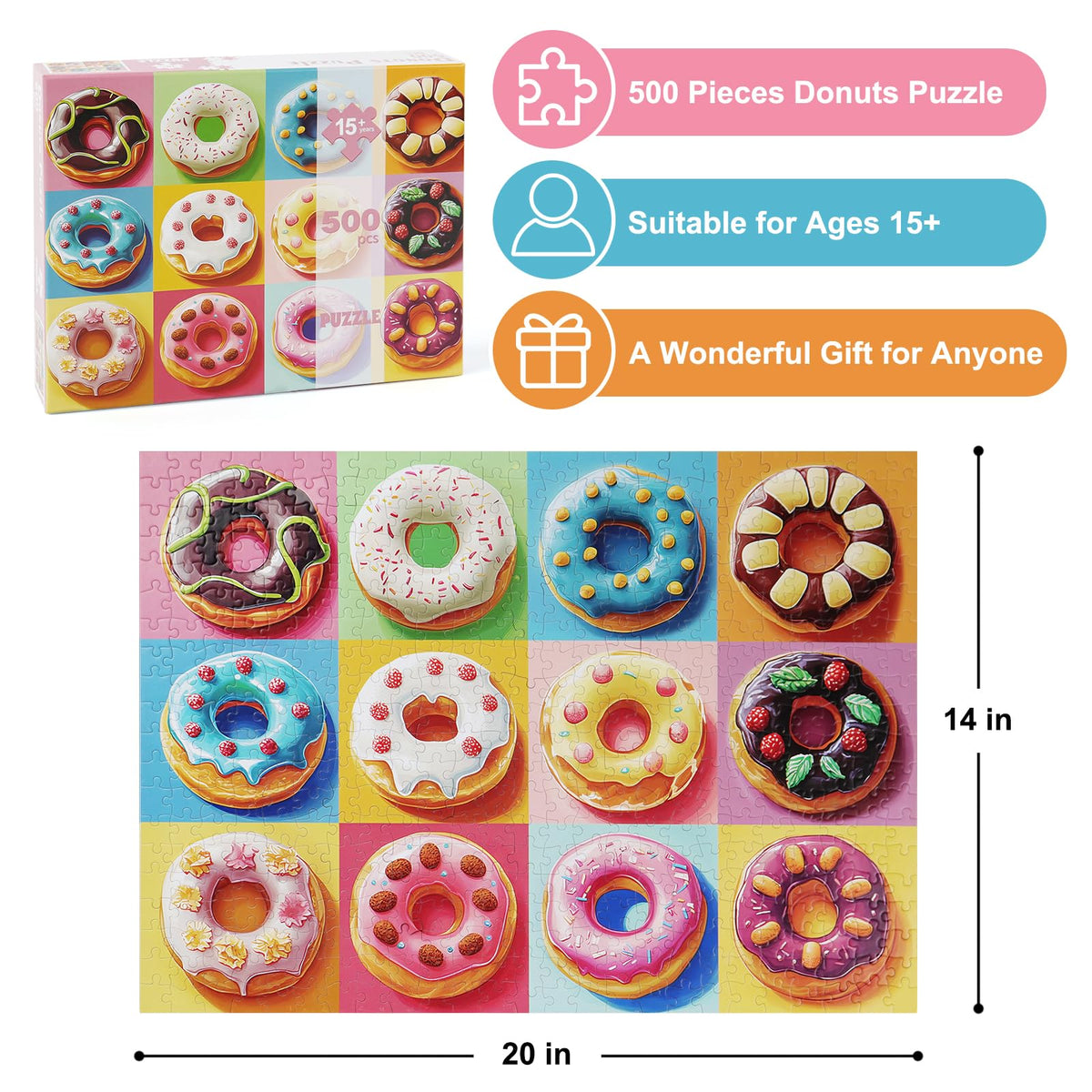 Motiloo 500 Piece Donuts Puzzle – Colorful Donut Jigsaw for Adults & Families | 20 x 14 Inches