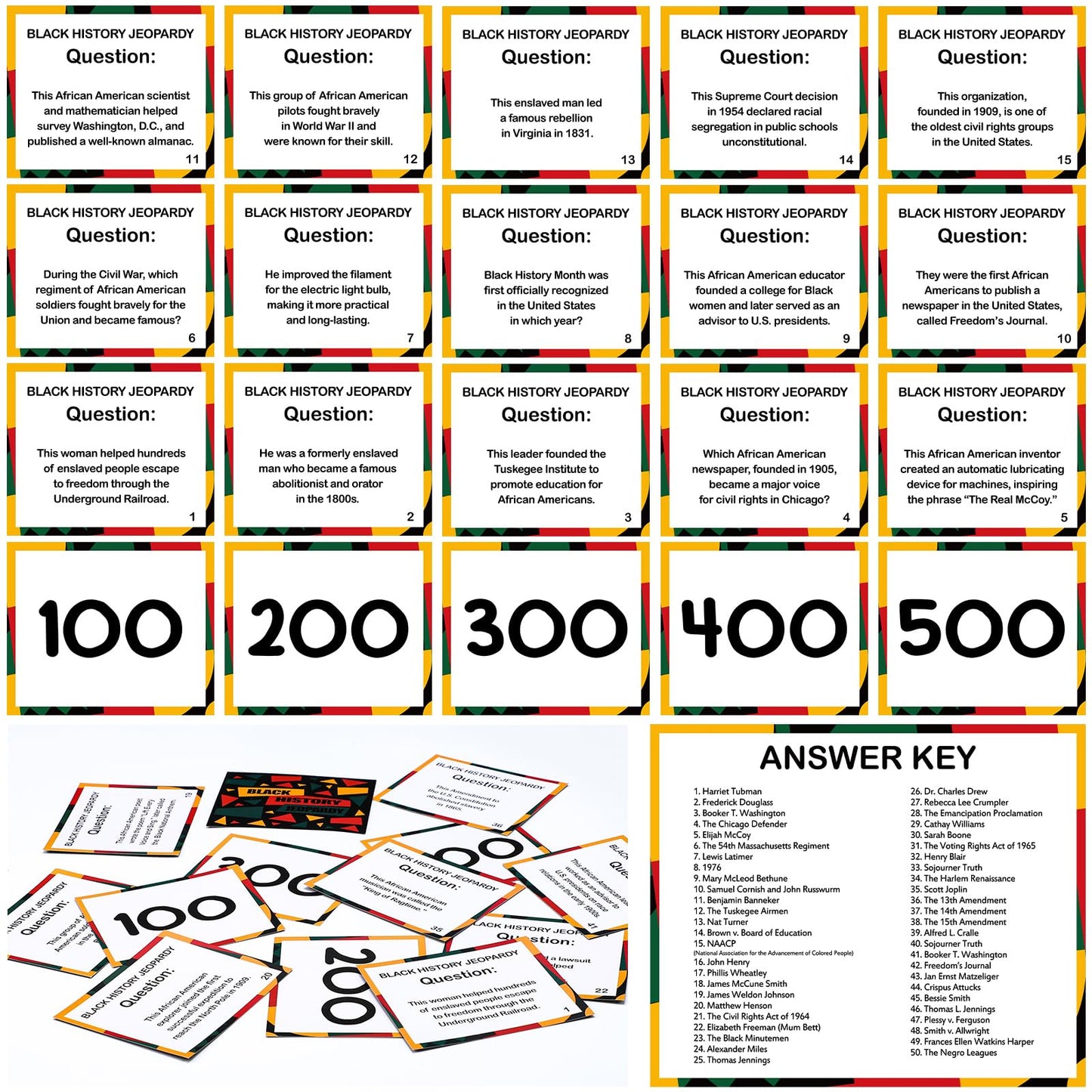 MotiMind 50-Question Black History Trivia Card Set with Answer Key & Scorecards — Classroom Educational Game