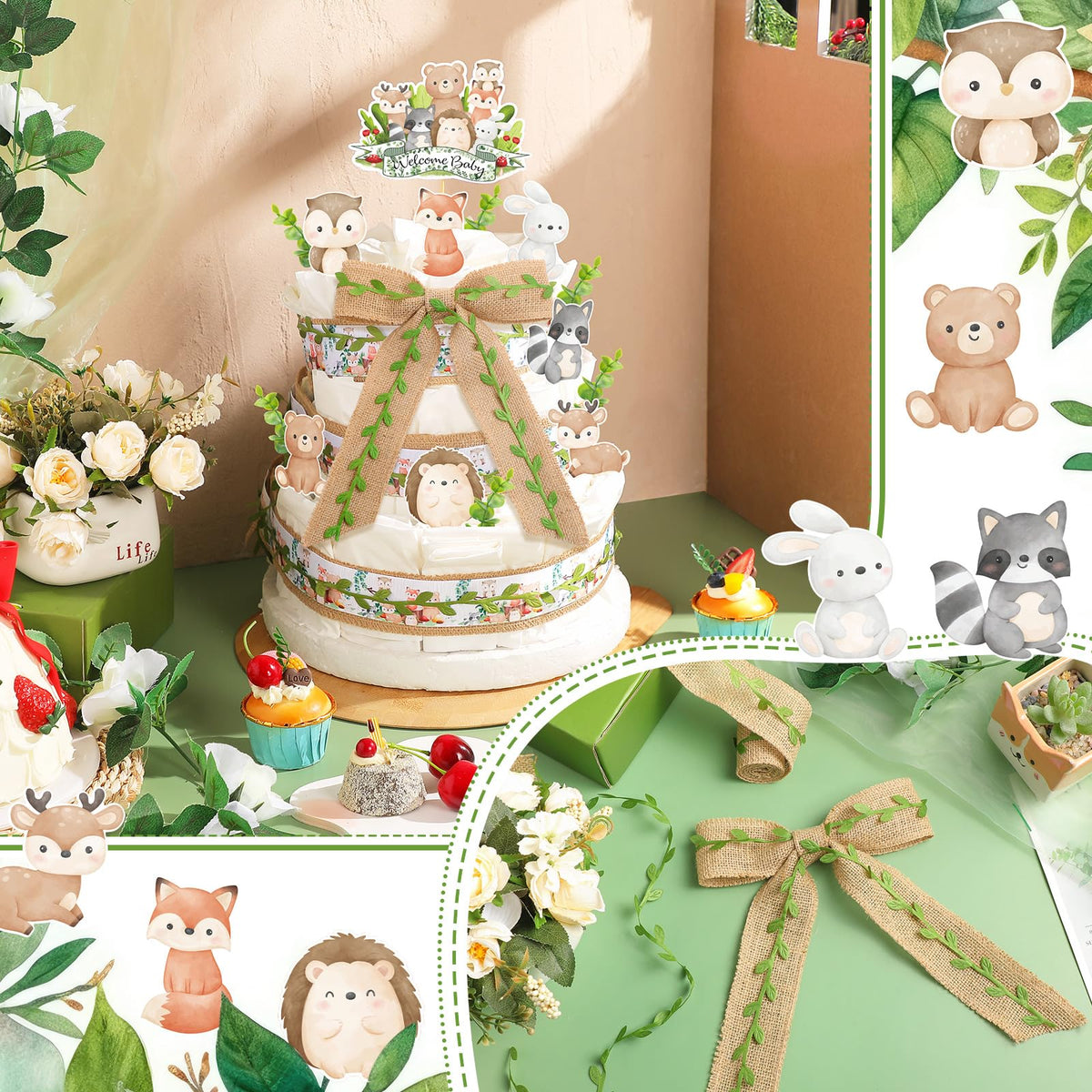 MotiMind Woodland Baby Shower Decorations Kit – DIY Diaper Cake with Neutral Forest Animals