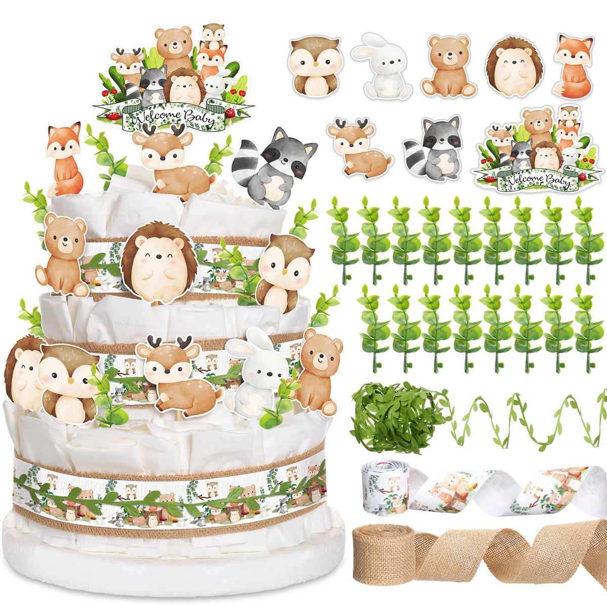 MotiMind Woodland Baby Shower Decorations Kit – DIY Diaper Cake with Neutral Forest Animals