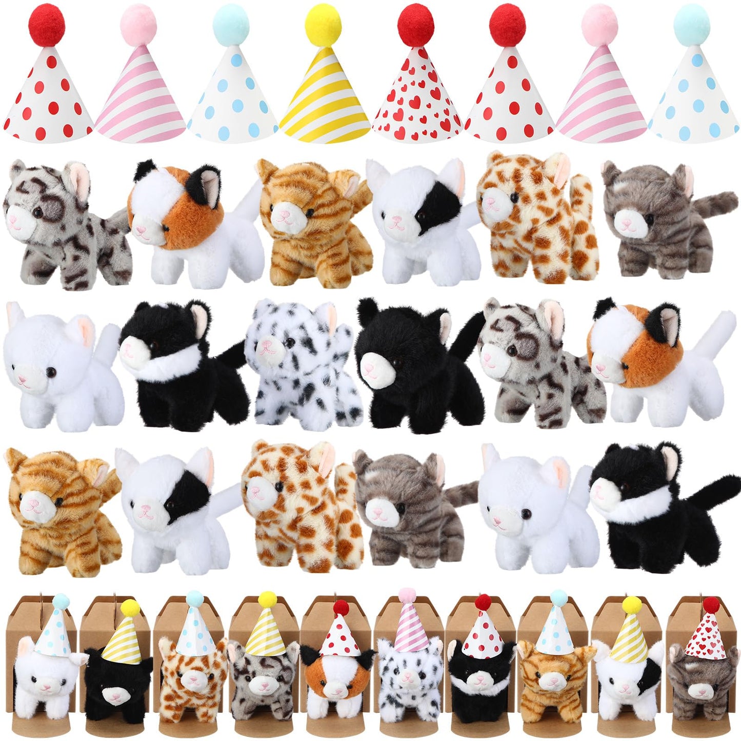 Motionchic 20-Set Cat Plush Toys with Birthday Hats & Kraft Boxes