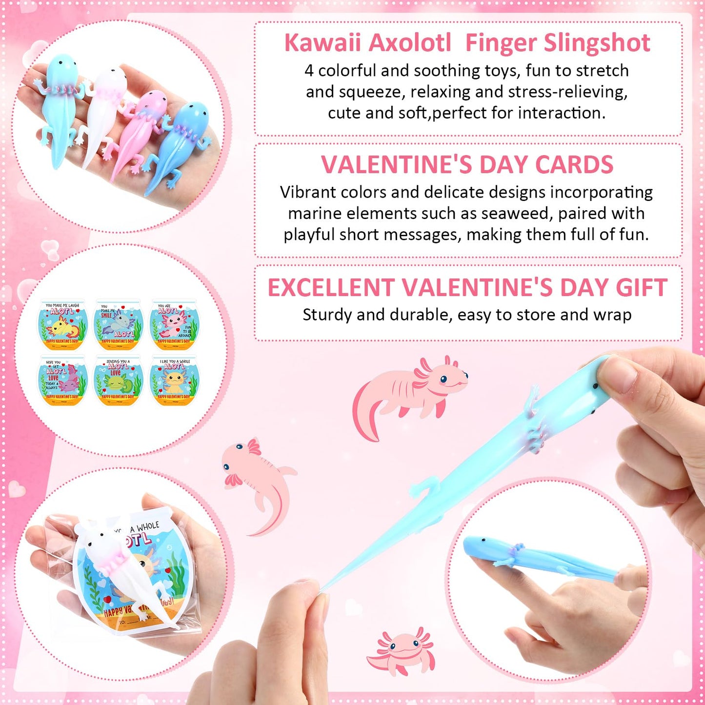 Motionchic 28-Set Axolotl Party Favors — Valentines Cards & Slingshots Bulk