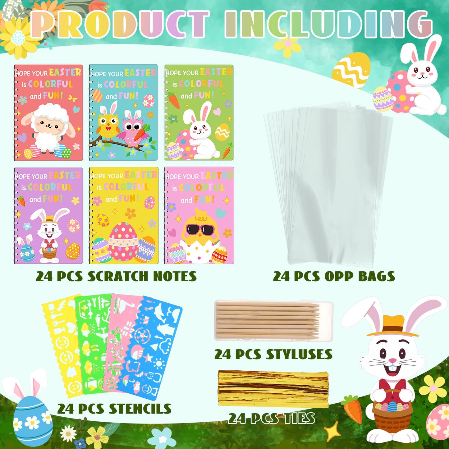 Motipuns 24-Set Easter Scratch Notebook Party Favors | DIY Rainbow with Stencils & Pens