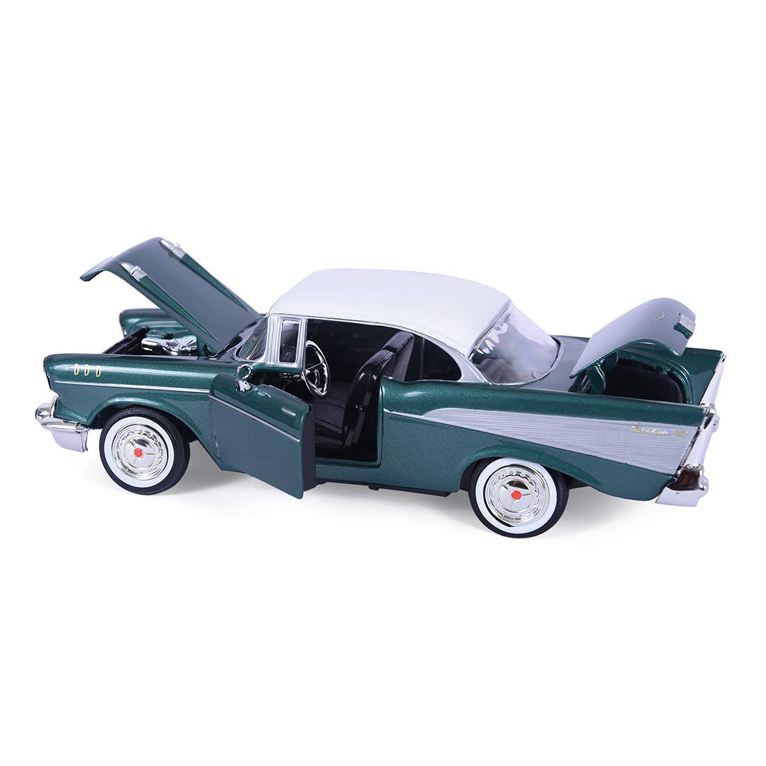 Motormax 1:24 Die-Cast 1957 Chevy Bel Air – Open Window Box, Real Rubber Tires (Colors May Vary)