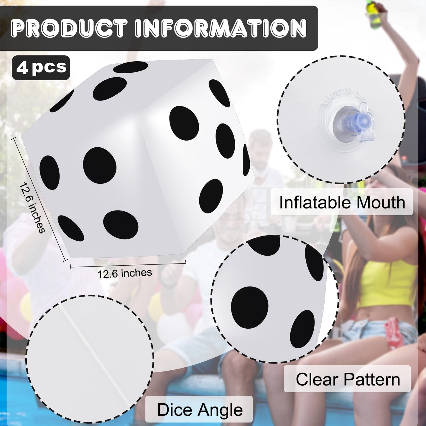 Mototo 4-Pieces Jumbo Inflatable Dice – 12.6-Inch White Party Dice Set