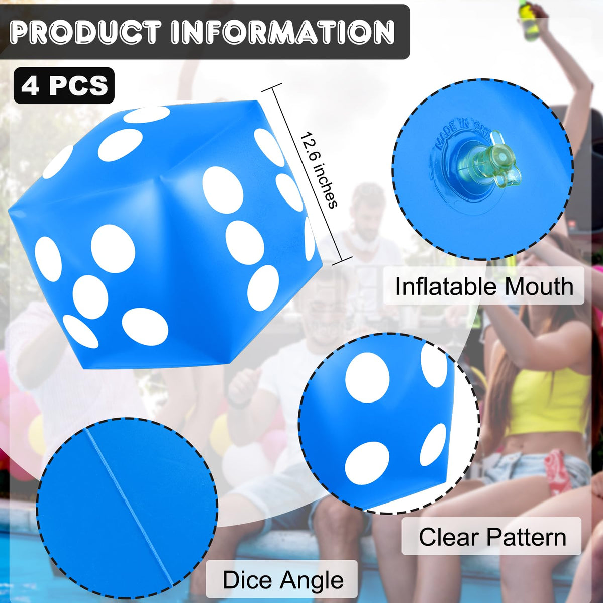 Mototo 4 Pieces Jumbo Inflatable Dice - 12.6 Inch Blue | Indoor Outdoor Pool Party Game & Decor