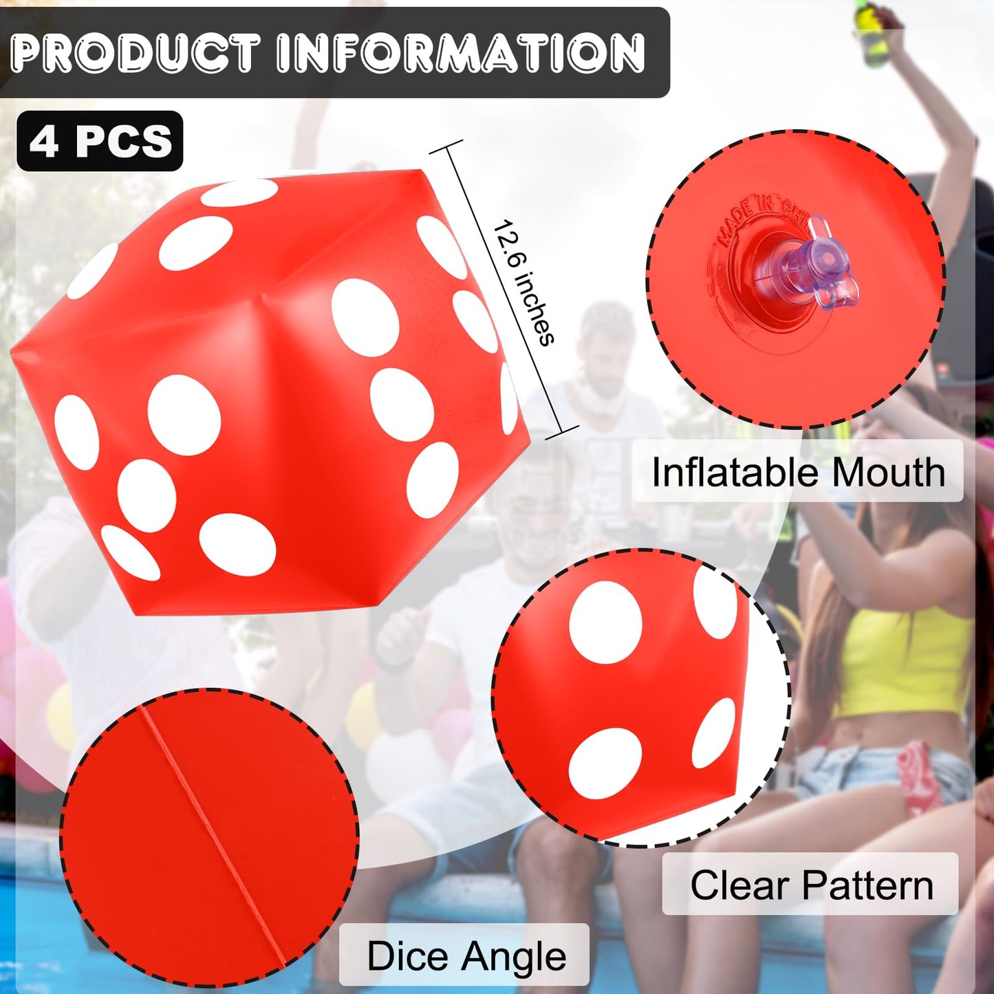 Mototo 4 Pieces Jumbo Inflatable Dice – 12.6 Inch Red Pool, Beach & Lawn Games