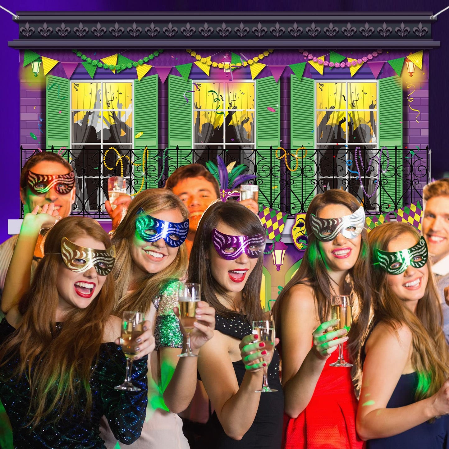 Moukeren Mardi Gras Backdrop 65x65in – Masquerade Photo Booth Background