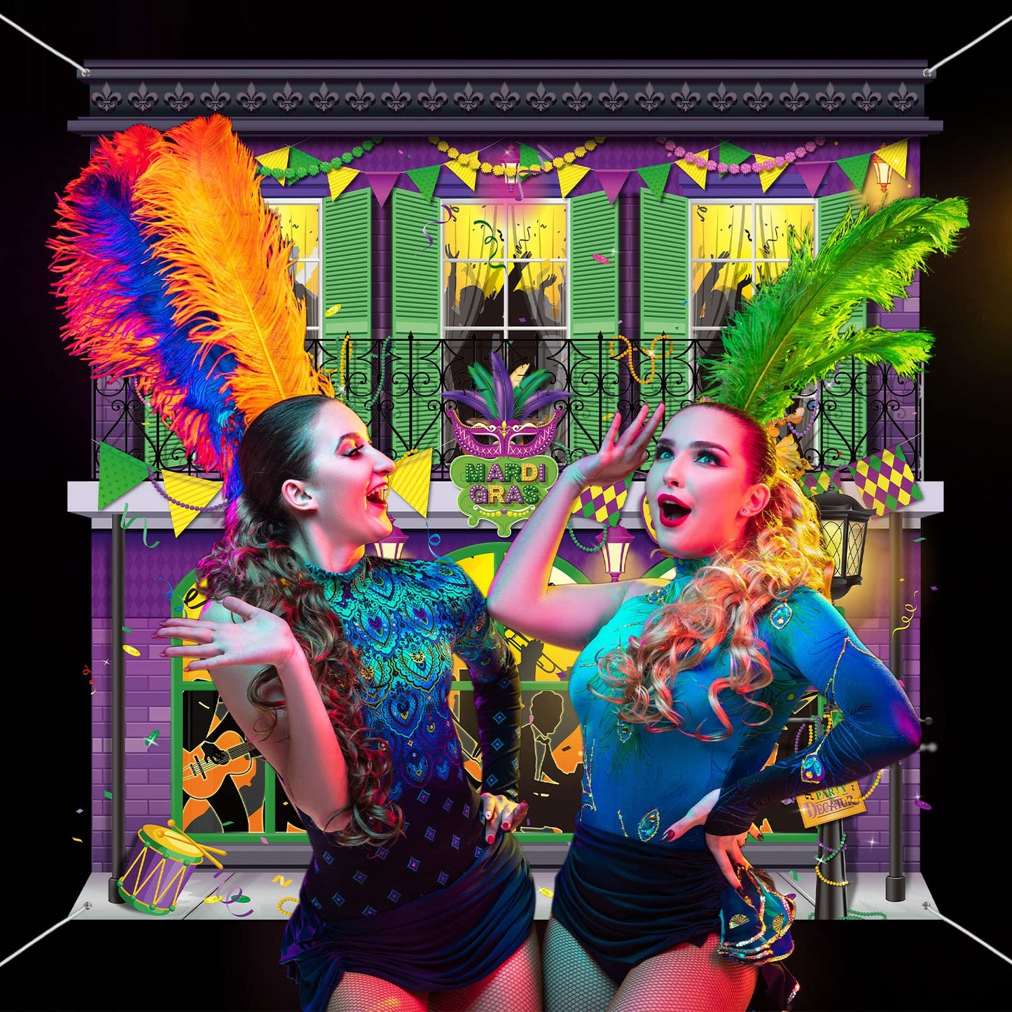 Moukeren Mardi Gras Backdrop 65x65in – Masquerade Photo Booth Background