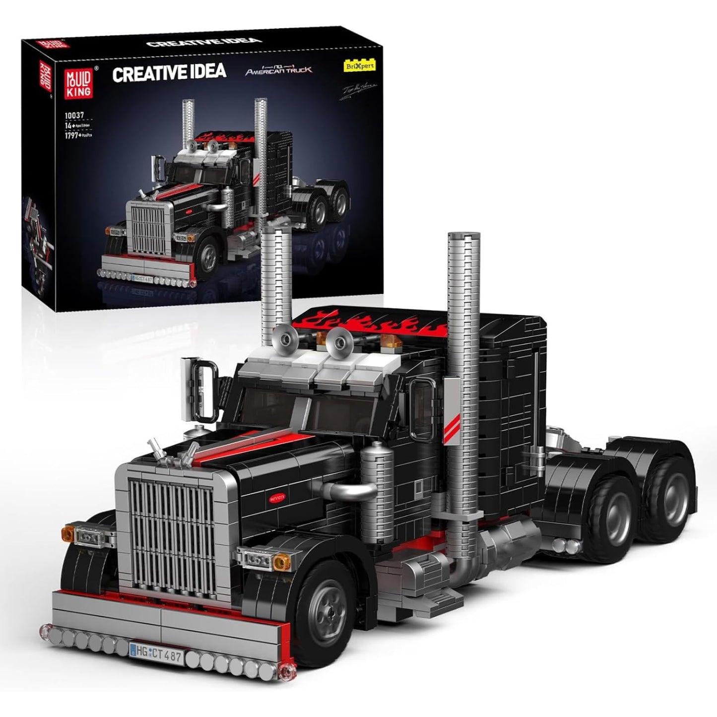 Mould King 10037 Semi Truck Building Set – 1797 Pieces, Ten-Wheel Flatbed Model for Display