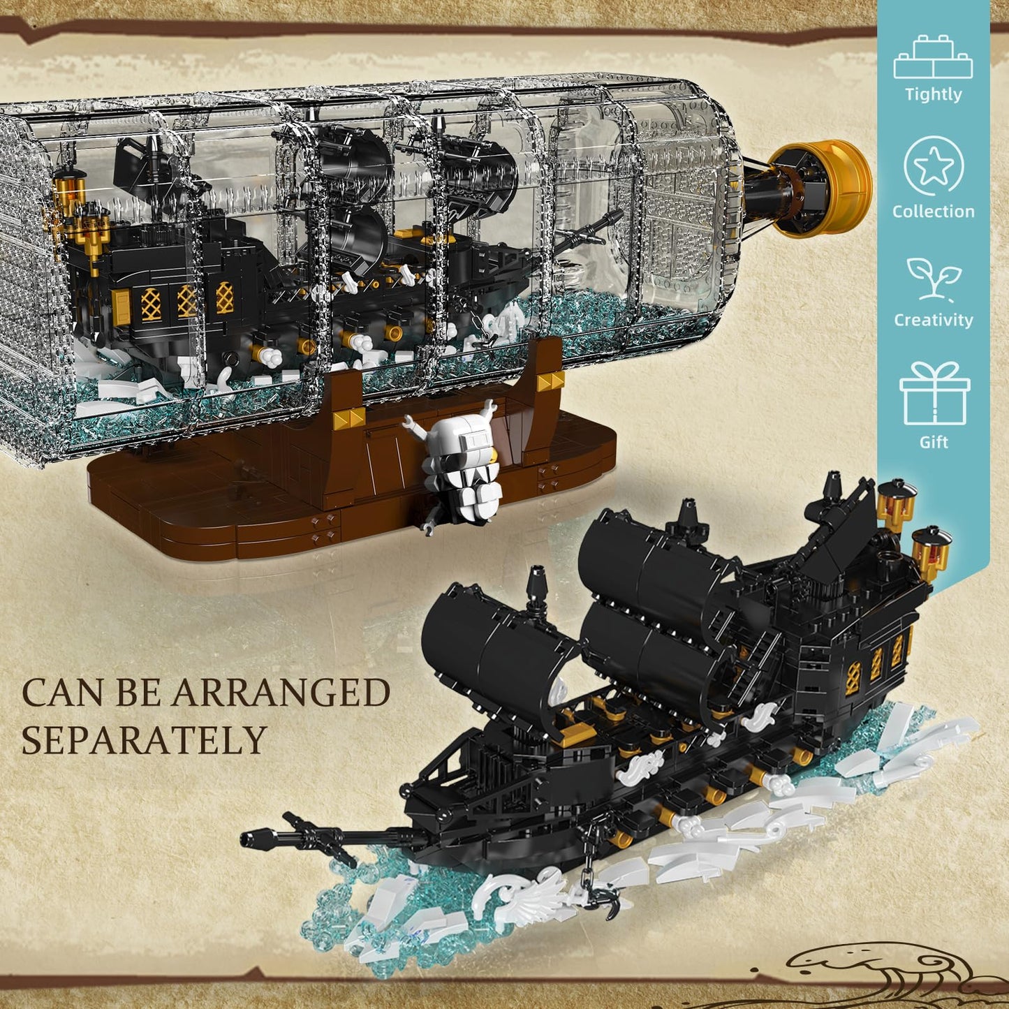 Mould King 10065 Drift Bottle with Black Pearl Ship – Pirate Ship in a Bottle Model Kit (2206 Pieces)