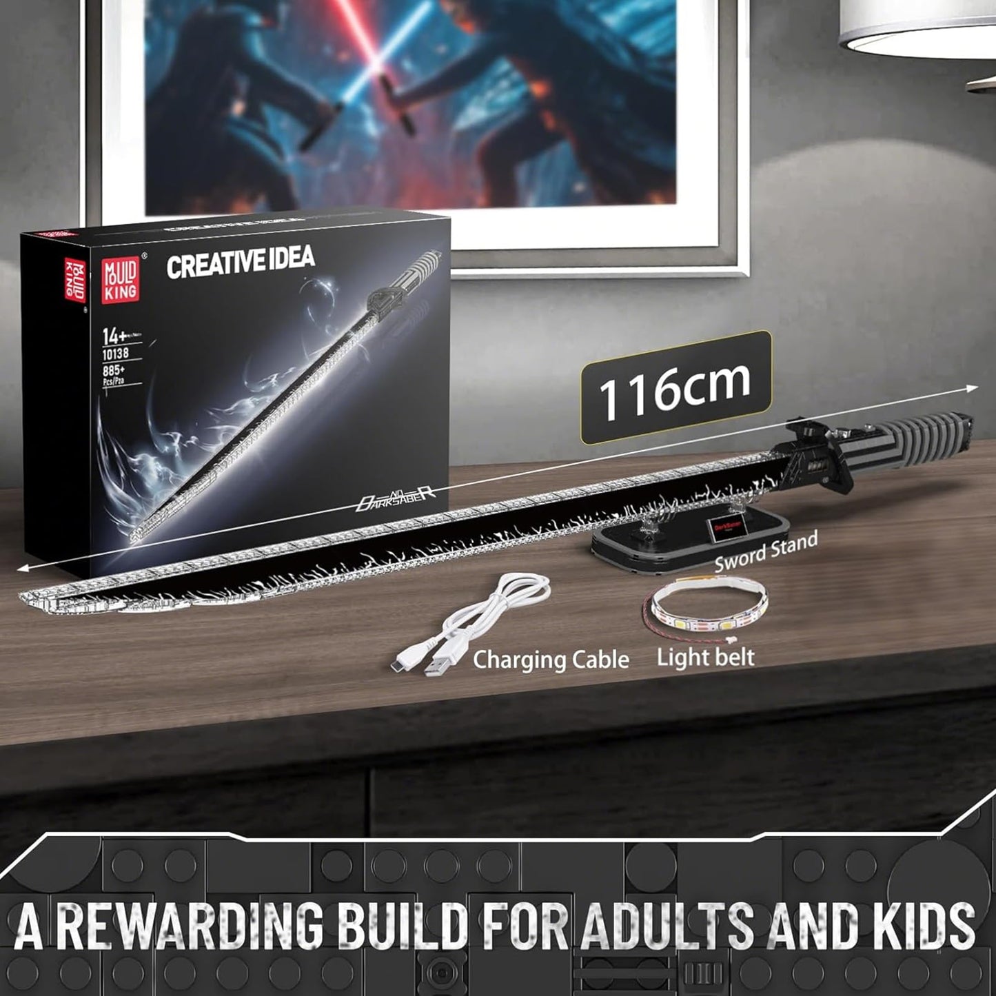 Mould King 10138 Lightsaber Building Toy – Darksaber Glow, Dueling Stand, 885+ Pieces