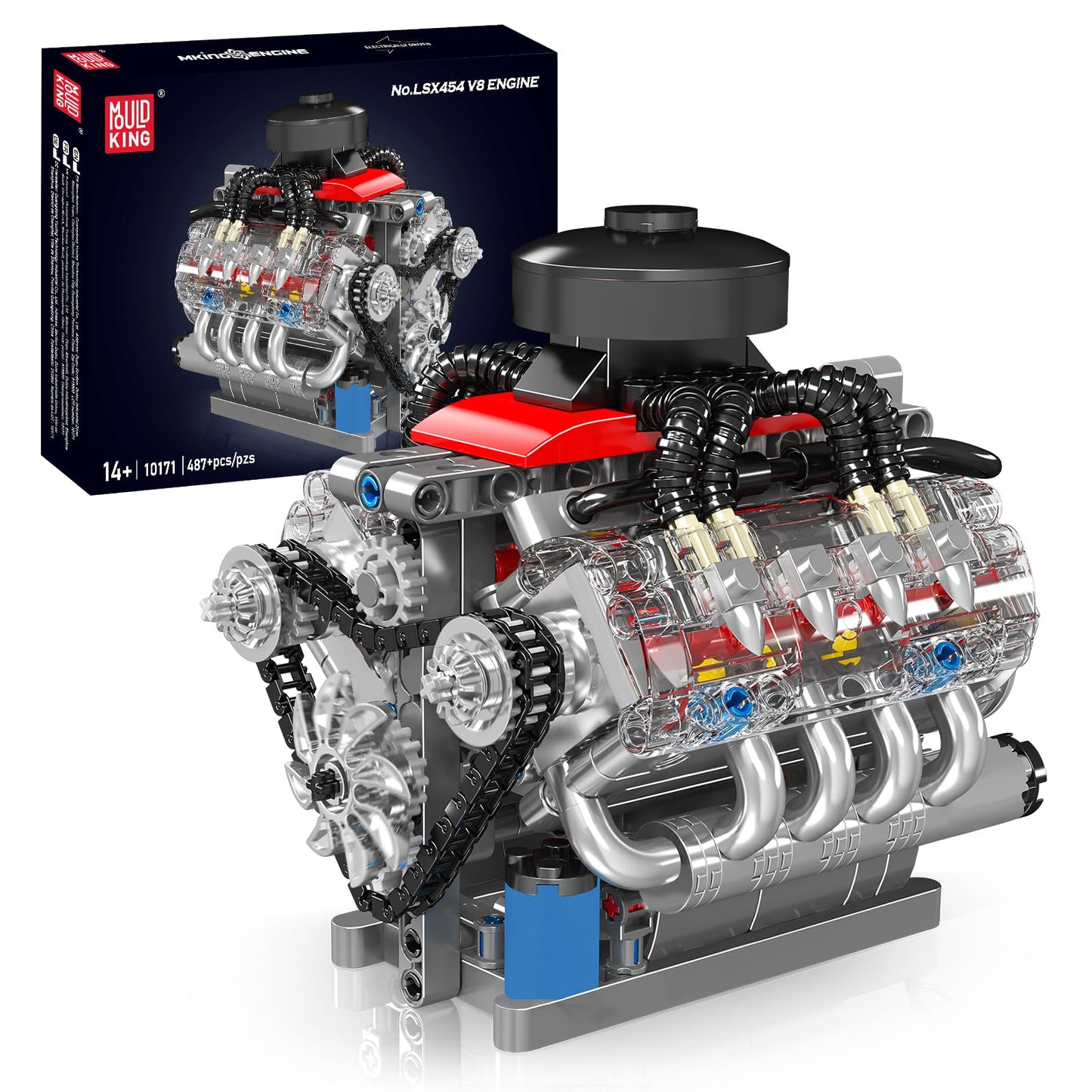 Mould King 10171 V8 Engine Model Kit That Works — 8-Cylinder Engine with Motor, 487 Pieces (STEM Build Set for Adults)