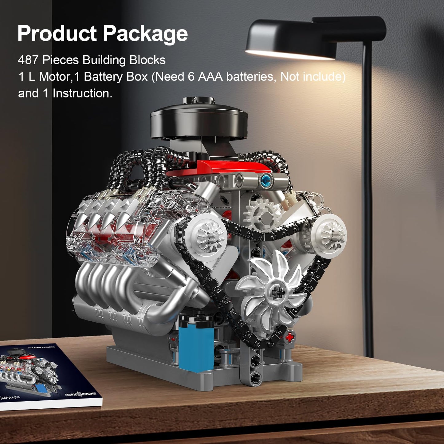 Mould King 10171 V8 Engine Model Kit That Works — 8-Cylinder Engine with Motor, 487 Pieces (STEM Build Set for Adults)
