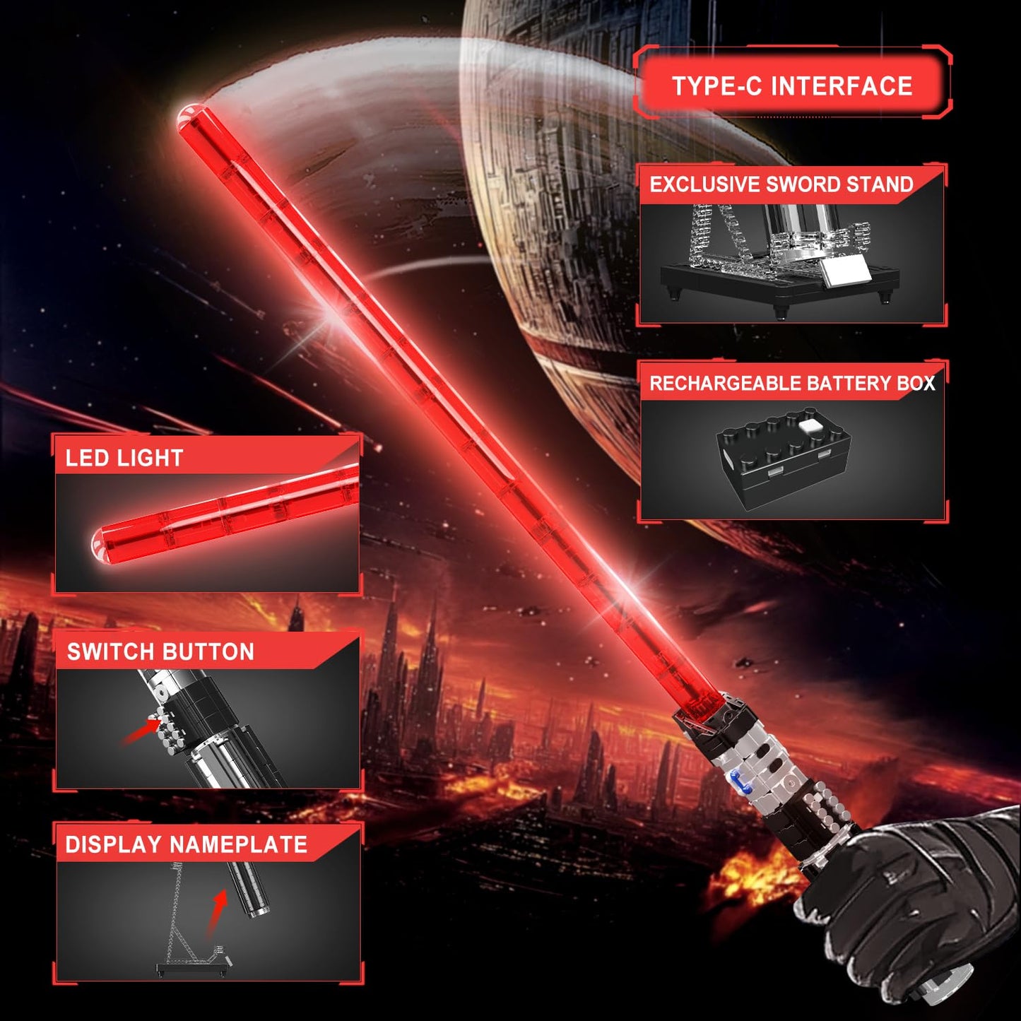 Mould King 10237 Lightsaber Building Blocks Set – 1627-Piece LED Sword with Rechargeable Battery & Display Stand (38.31 inches)