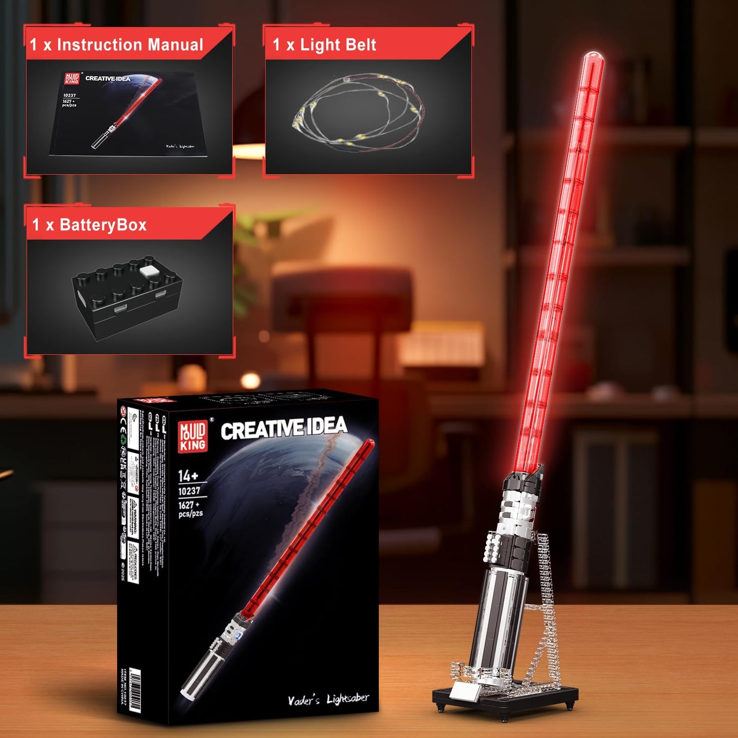 Mould King 10237 Lightsaber Building Blocks Set – 1627-Piece LED Sword with Rechargeable Battery & Display Stand (38.31 inches)