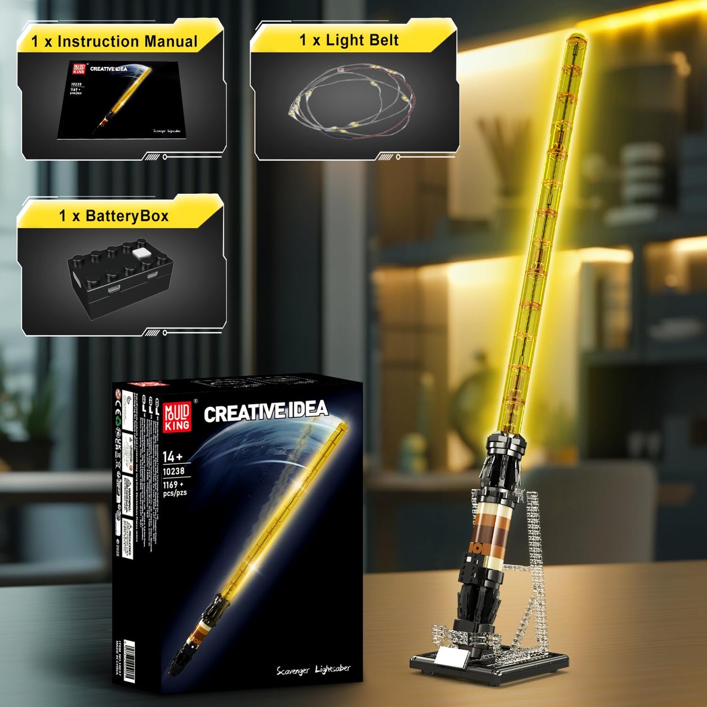 Mould King 10238 Lightsaber Building Blocks Set – 1169+ PCS LED Sword with USB Rechargeable Battery & Display Stand