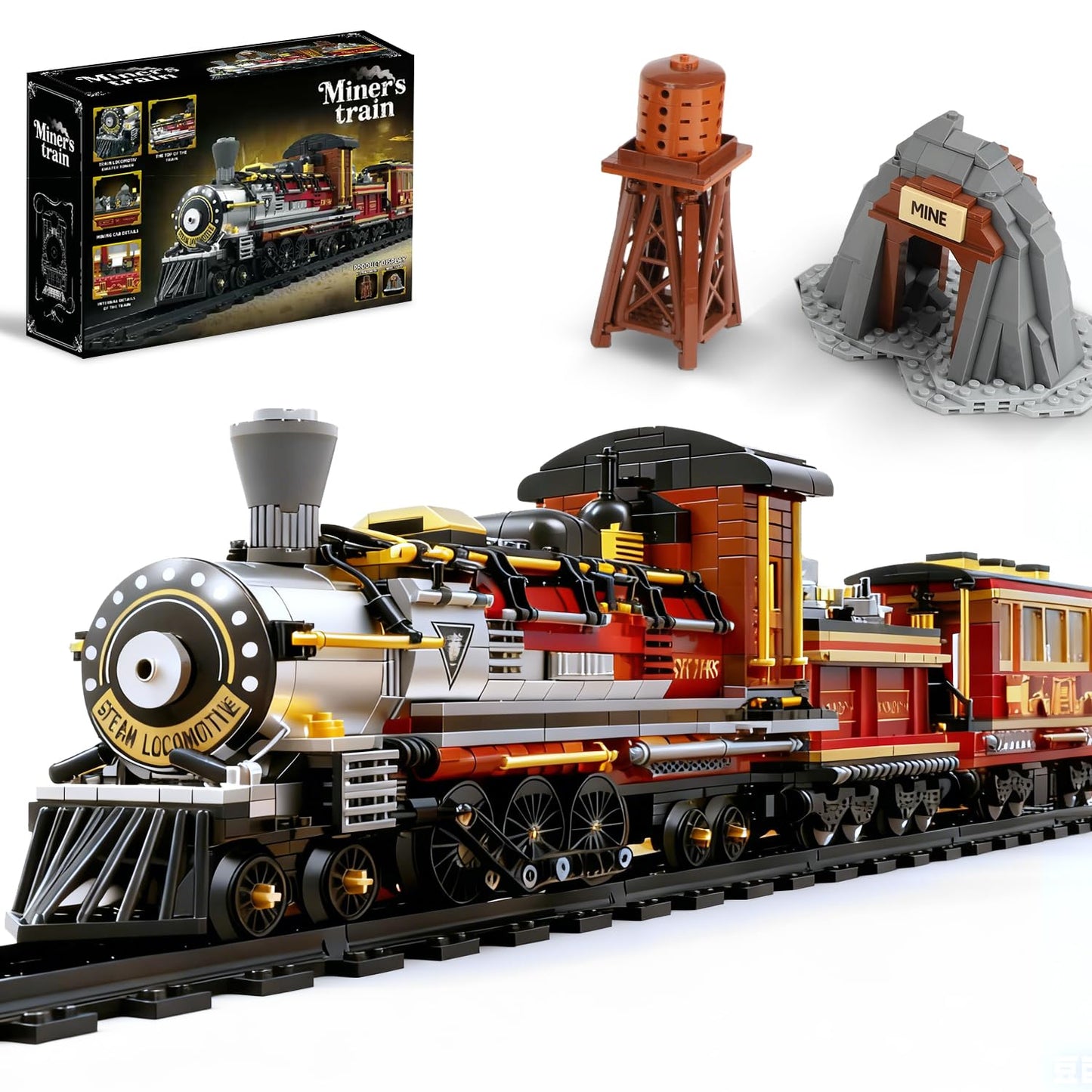 Mov Stone Western Mining Steam Train Building Blocks – Articulated Locomotive Brick Set, LEGO Compatible, Premium Gift for Adults