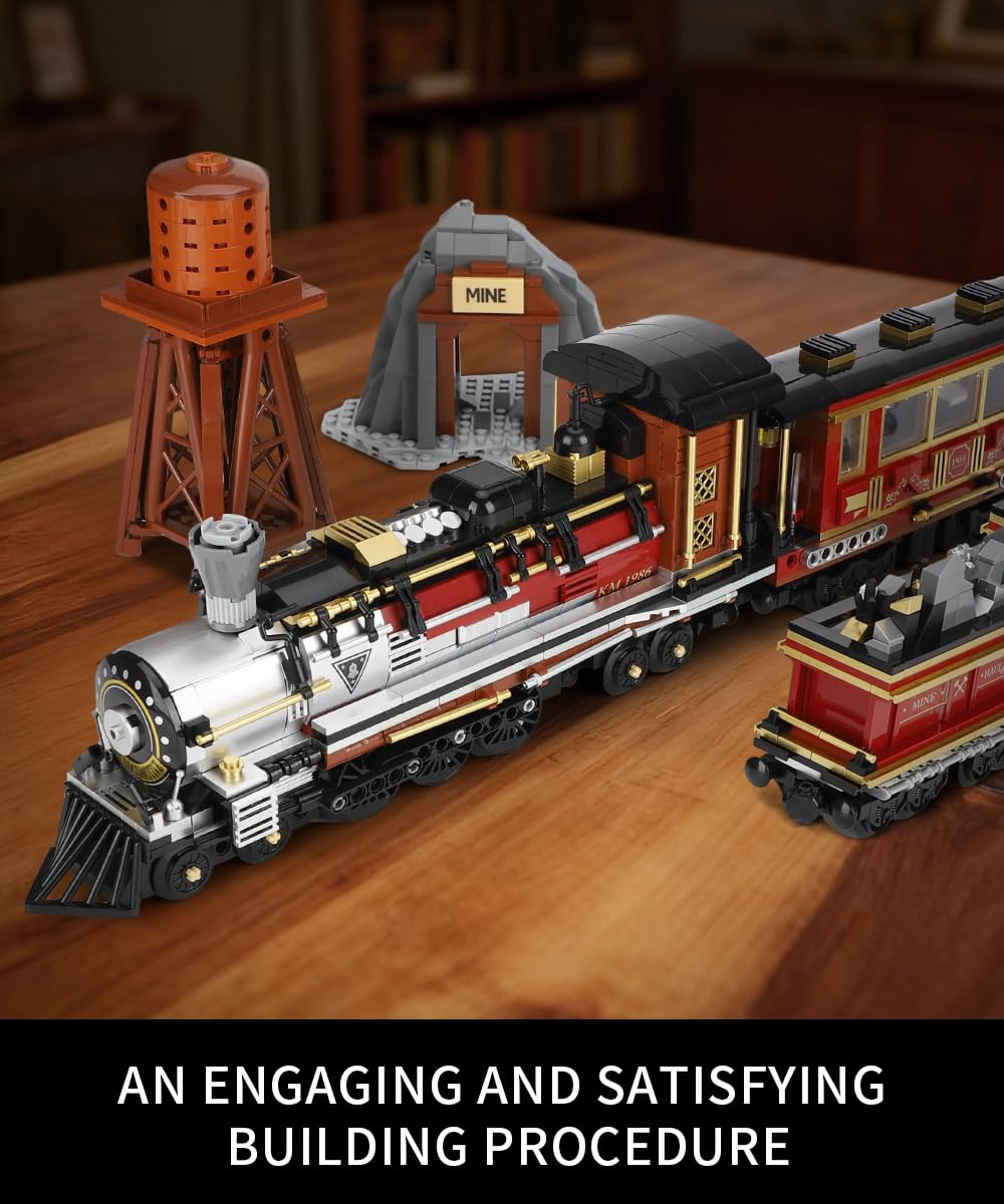 Mov Stone Western Mining Steam Train Building Blocks – Articulated Locomotive Brick Set, LEGO Compatible, Premium Gift for Adults