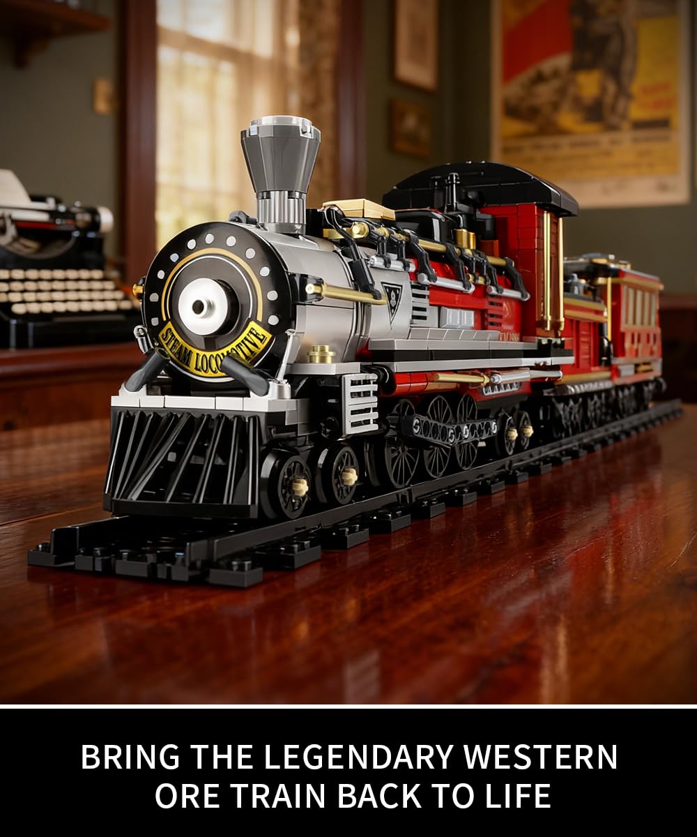 Mov Stone Western Mining Steam Train Building Blocks – Articulated Locomotive Brick Set, LEGO Compatible, Premium Gift for Adults