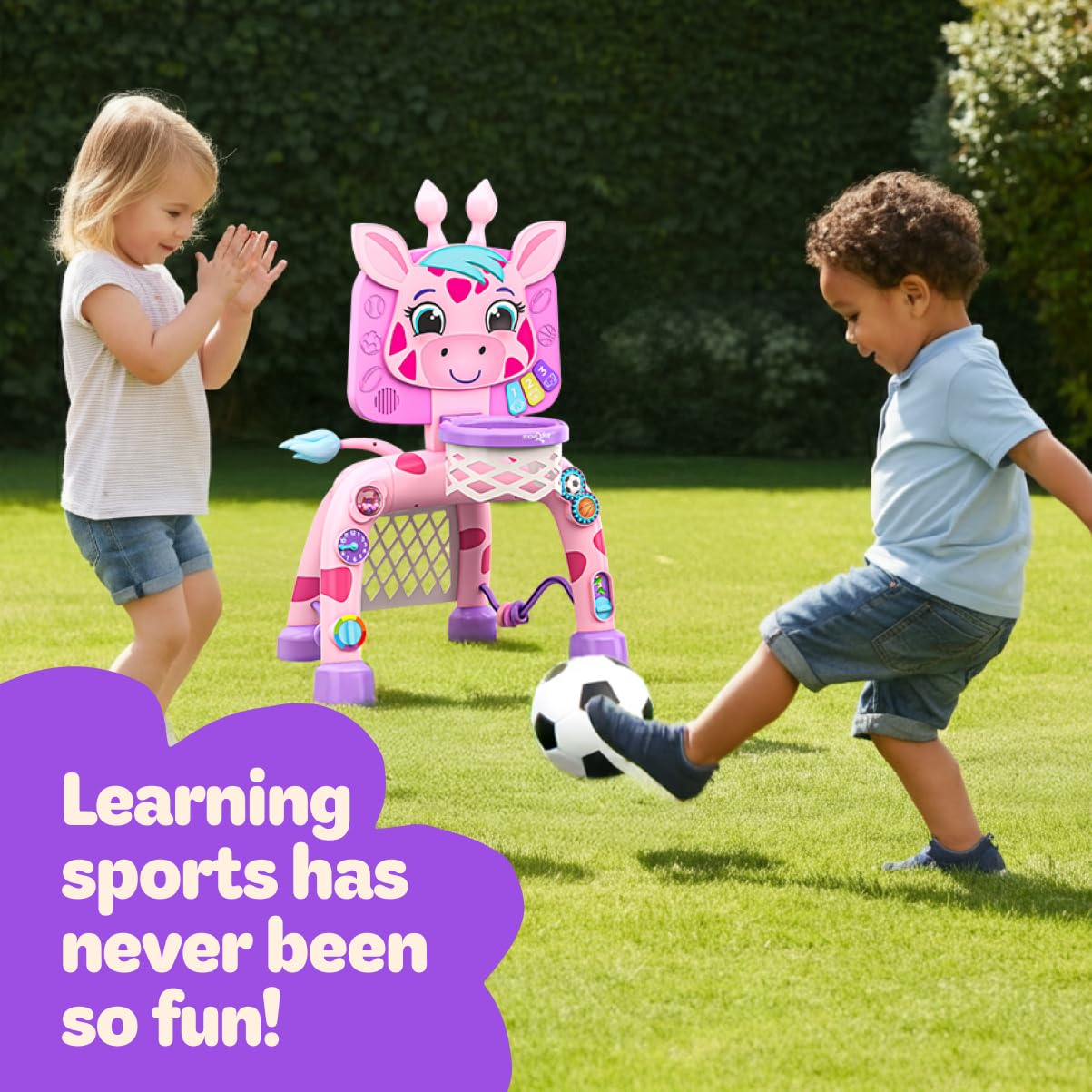 Move2Play Giraffe Basketball Hoop & Soccer Goal Activity Center