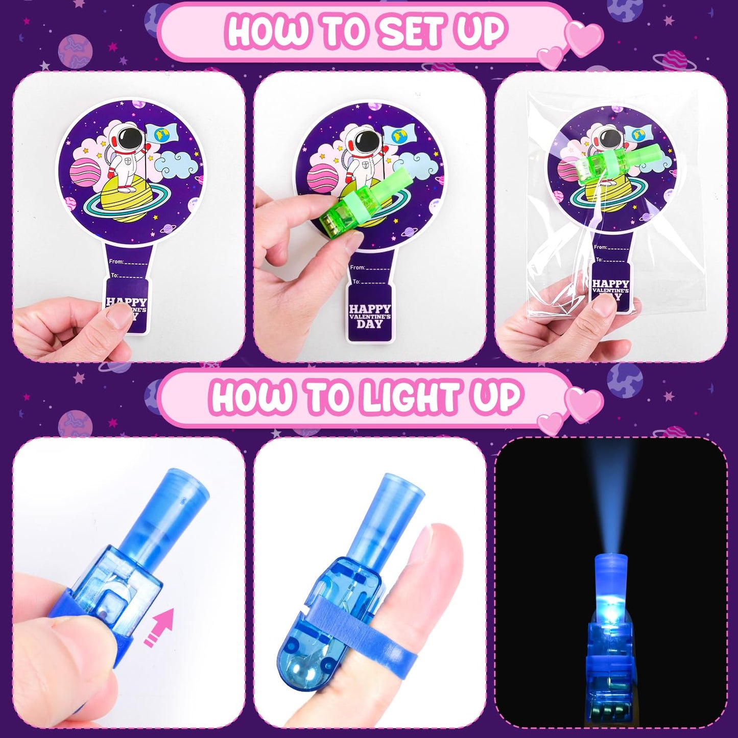 MOVINPE Valentine’s Day Finger Lights – 28-Pack with Cards for Classroom Gifts, Party Favors & Prizes