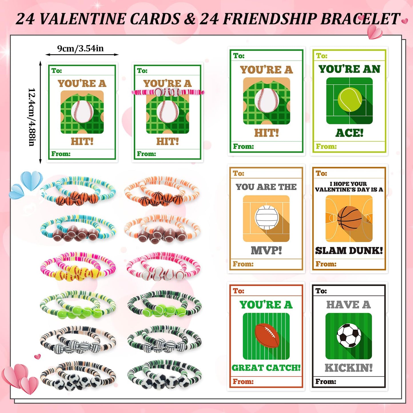MOVINPE Valentines Day Exchange Gifts for Kids – 24-Pack Sports Bracelets & Cards