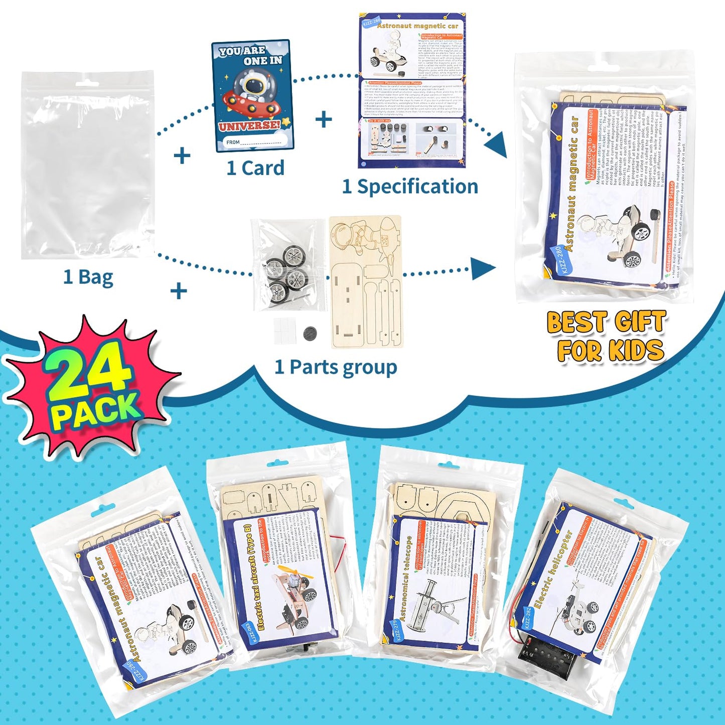 MOVINPE Valentines Day STEM Kits for Classroom – 24 Sets with Cards & Space Theme