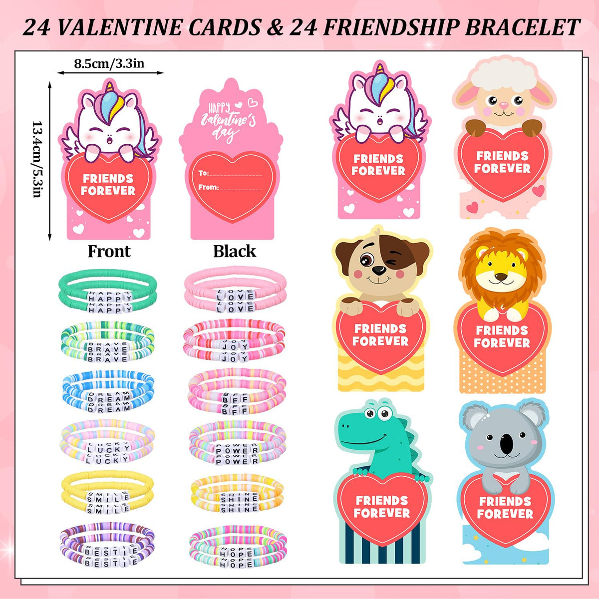 MOVINPE Valentines Day Cards for Girls – 24 Pack with Friendship Bead Bracelets & Gift Cards