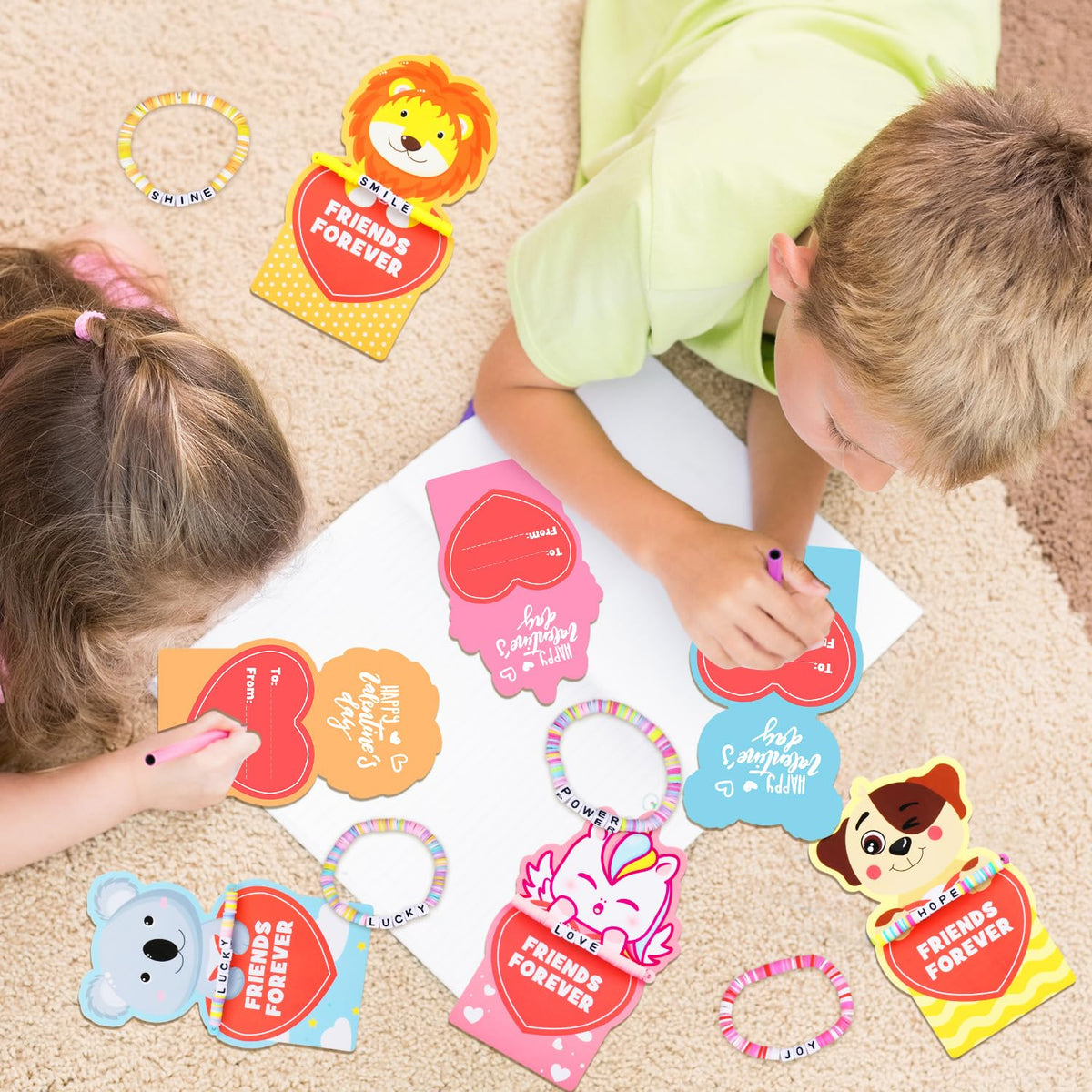 MOVINPE Valentines Day Cards for Girls – 24 Pack with Friendship Bead Bracelets & Gift Cards