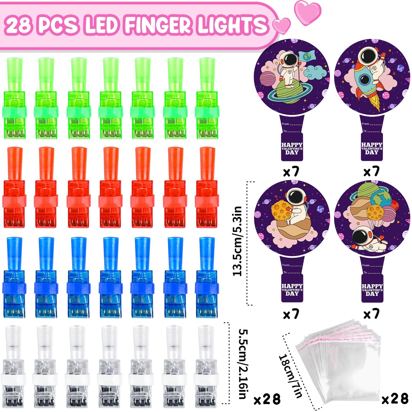 MOVINPE Valentine’s Day Finger Lights – 28-Pack with Cards for Classroom Gifts, Party Favors & Prizes
