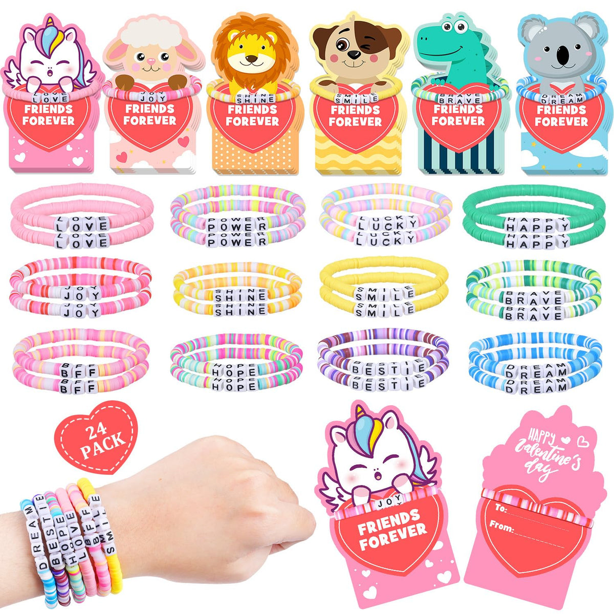 MOVINPE Valentines Day Cards for Girls – 24 Pack with Friendship Bead Bracelets & Gift Cards