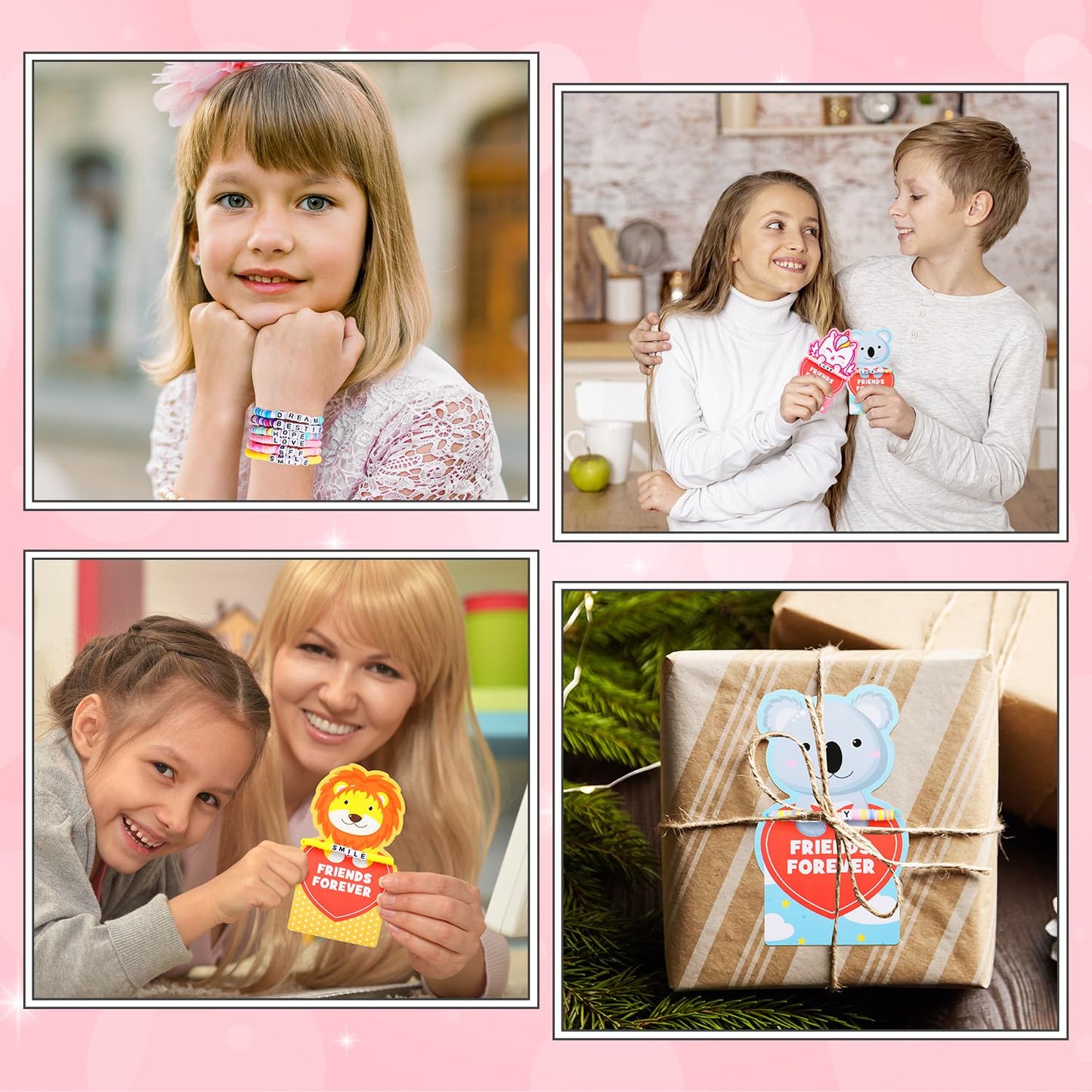 MOVINPE Valentines Day Cards for Girls – 24 Pack with Friendship Bead Bracelets & Gift Cards