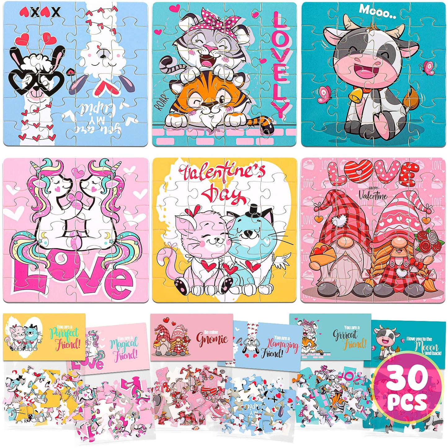 MOVINPE Valentines Day Jigsaw Puzzles for Kids – 30-Pack with Card Headers