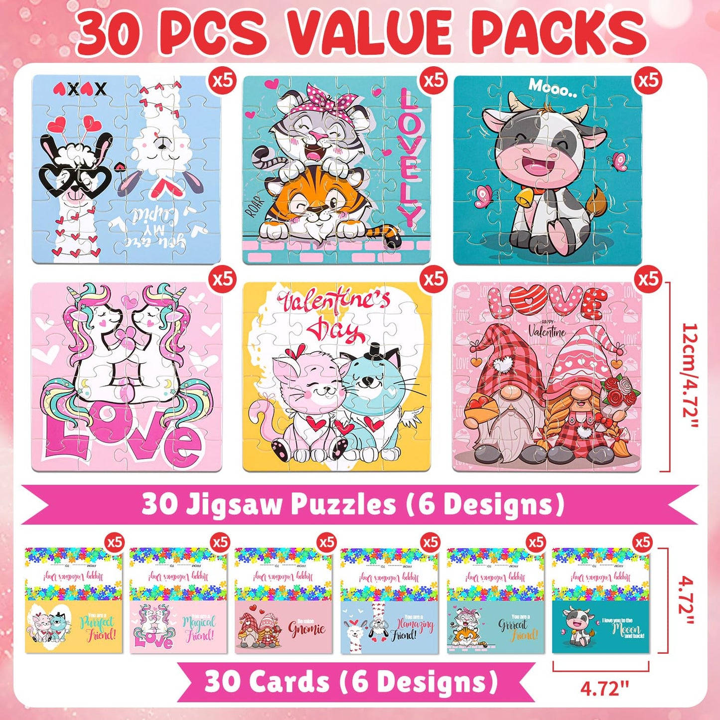 MOVINPE Valentines Day Jigsaw Puzzles for Kids – 30-Pack with Card Headers
