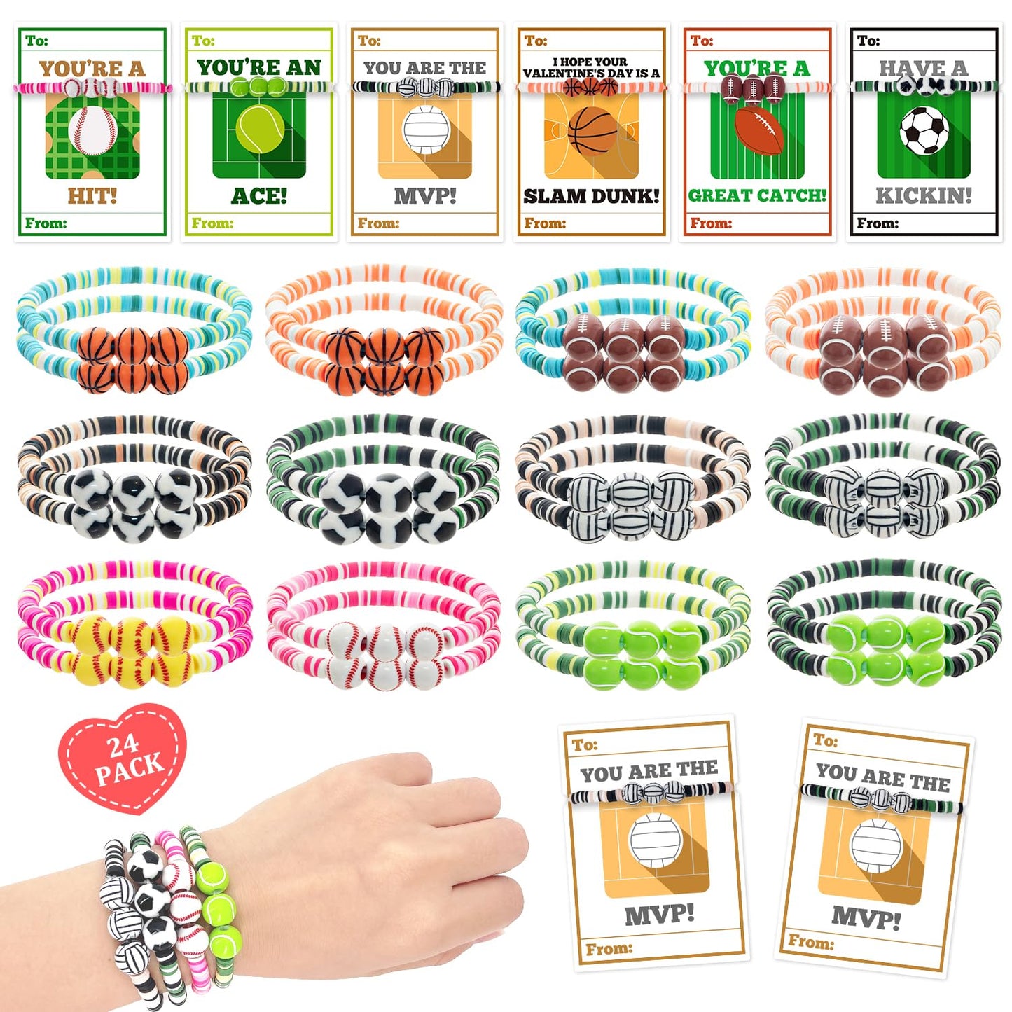 MOVINPE Valentines Day Exchange Gifts for Kids – 24-Pack Sports Bracelets & Cards