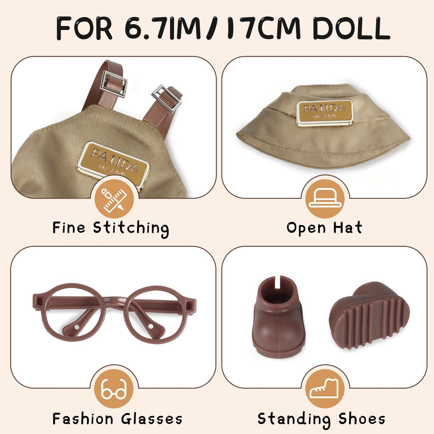 MOVOLIVI 6.7in Doll Clothes Set – 4-Piece Fashion Outfit for 17cm Dolls (Khaki)