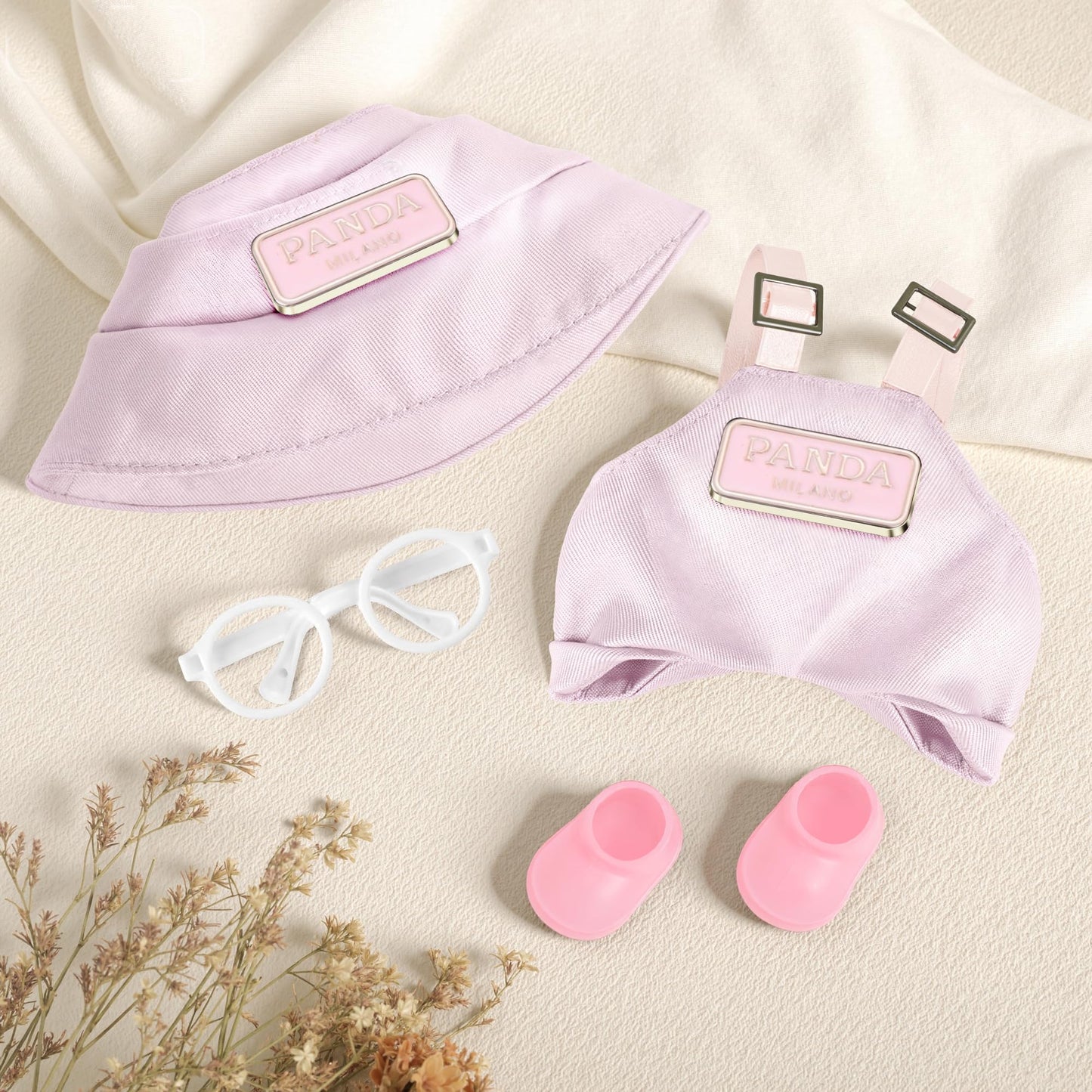 Movolivi 6-7inch Doll Clothes Set – 4-Piece Pink Fashion Outfit (Hat, Glasses, Bib Overalls, Shoes)