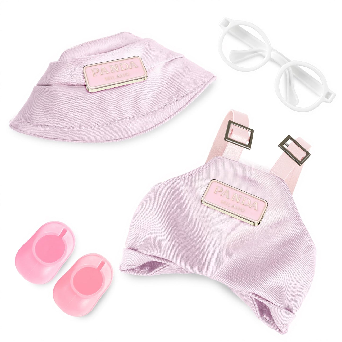 Movolivi 6-7inch Doll Clothes Set – 4-Piece Pink Fashion Outfit (Hat, Glasses, Bib Overalls, Shoes)
