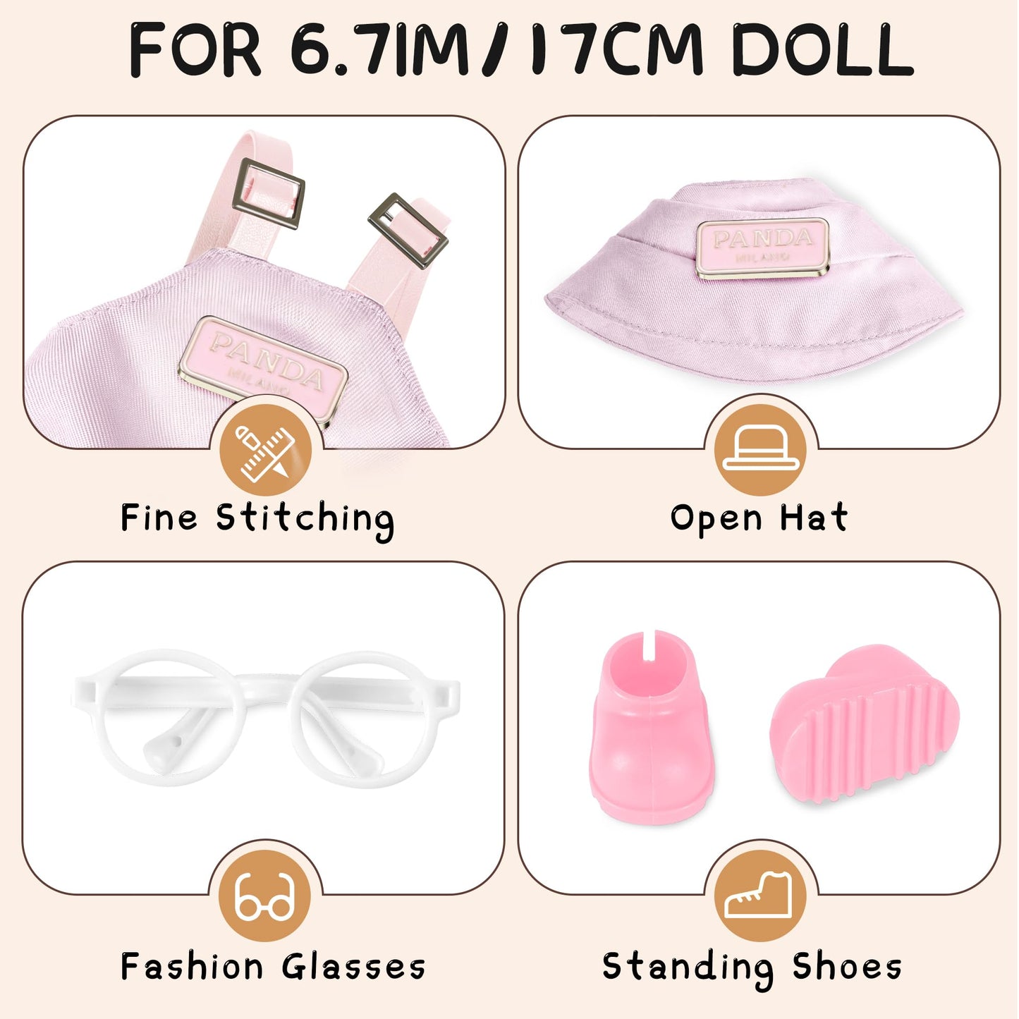 Movolivi 6-7inch Doll Clothes Set – 4-Piece Pink Fashion Outfit (Hat, Glasses, Bib Overalls, Shoes)