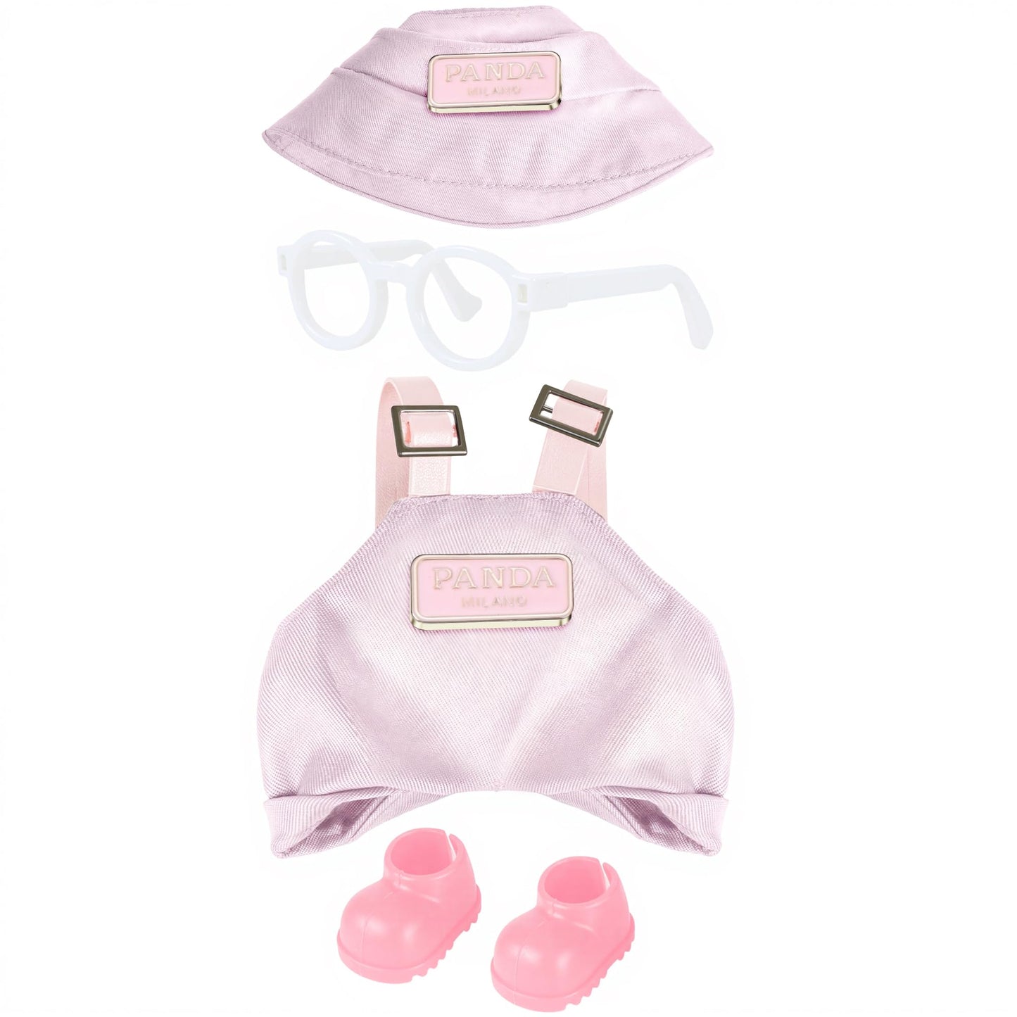 Movolivi 6-7inch Doll Clothes Set – 4-Piece Pink Fashion Outfit (Hat, Glasses, Bib Overalls, Shoes)