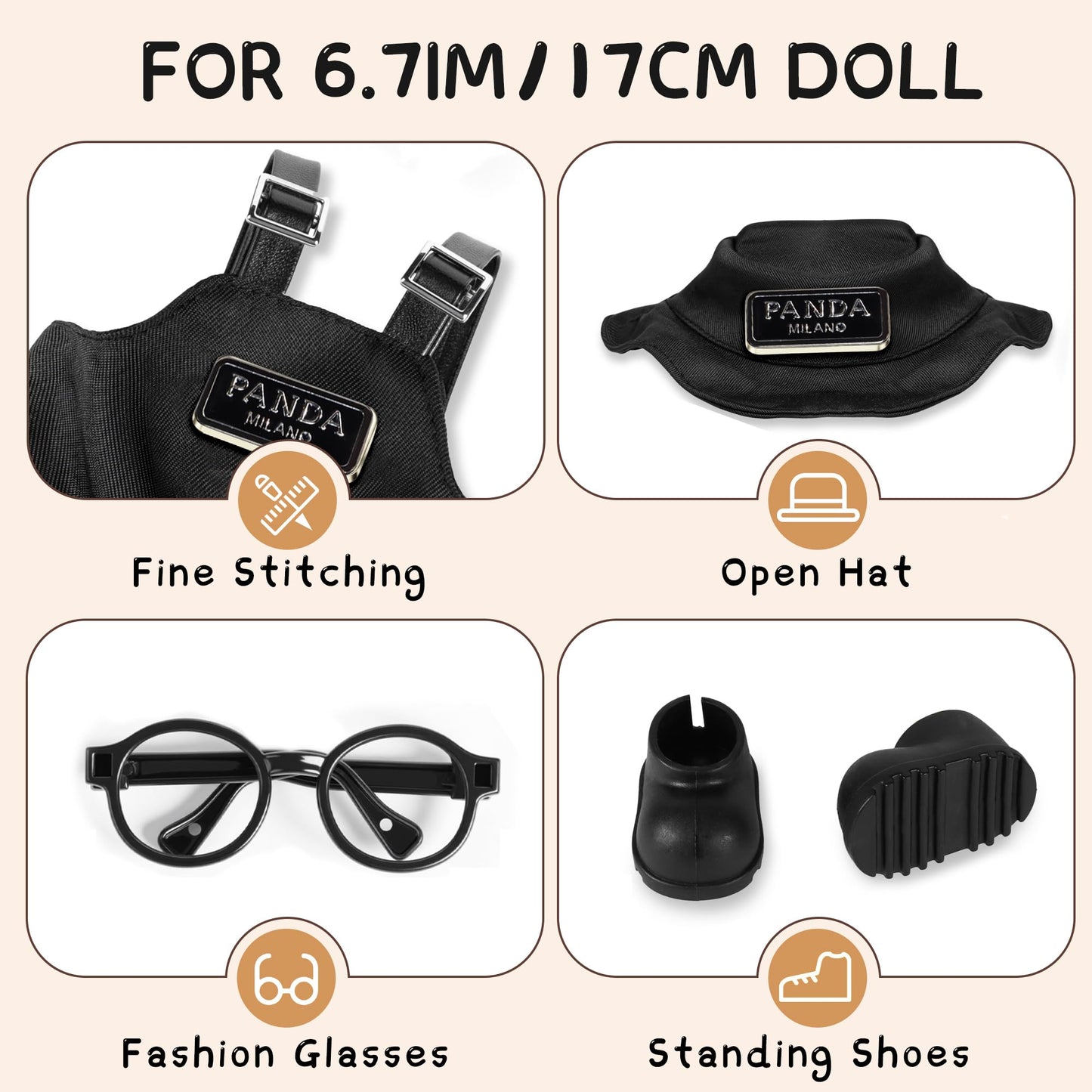 MOVOLIVI 6.7in Doll Clothes Set: 4-Piece Outfit for 17cm Dolls (Hat, Bib Overalls, Glasses, Shoes) - Black