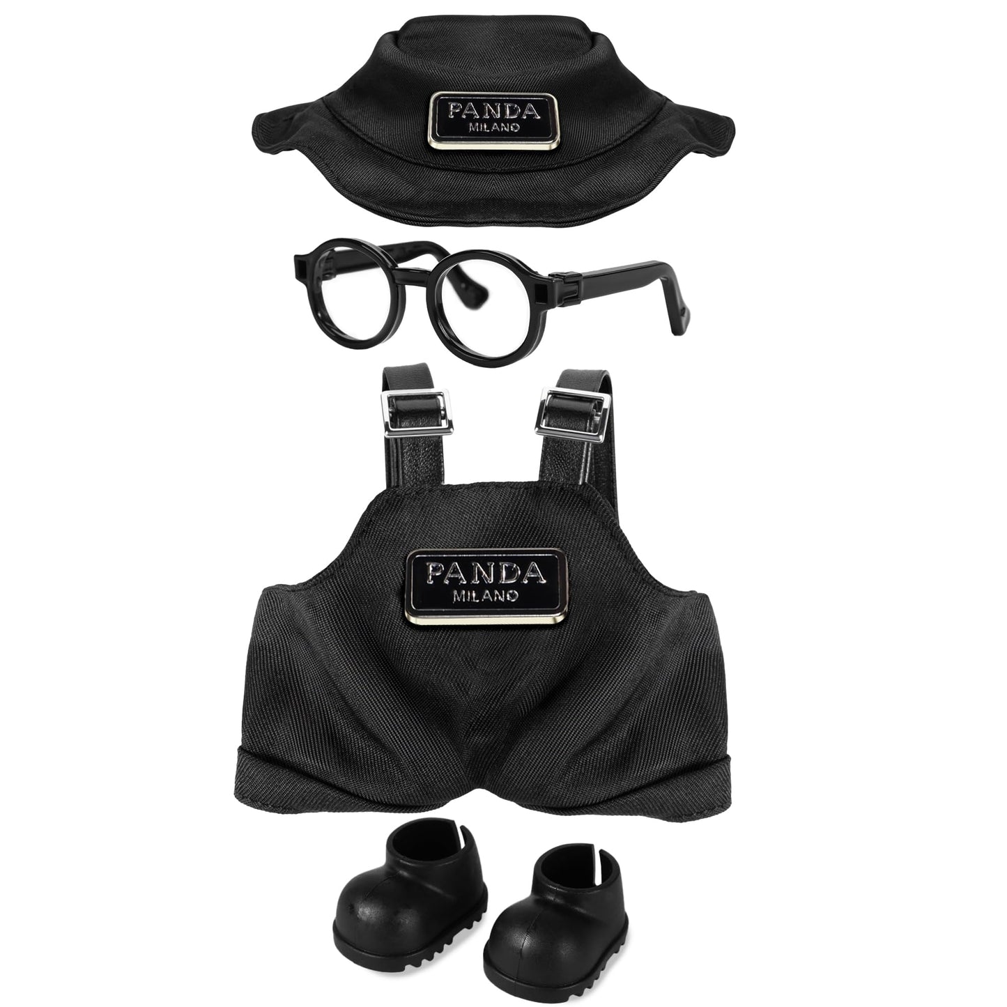 MOVOLIVI 6.7in Doll Clothes Set: 4-Piece Outfit for 17cm Dolls (Hat, Bib Overalls, Glasses, Shoes) - Black