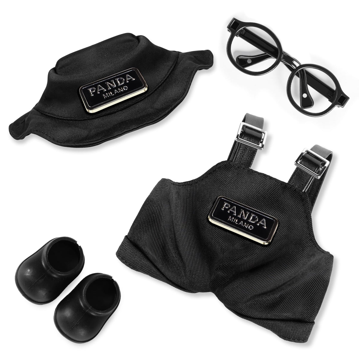 MOVOLIVI 6.7in Doll Clothes Set: 4-Piece Outfit for 17cm Dolls (Hat, Bib Overalls, Glasses, Shoes) - Black