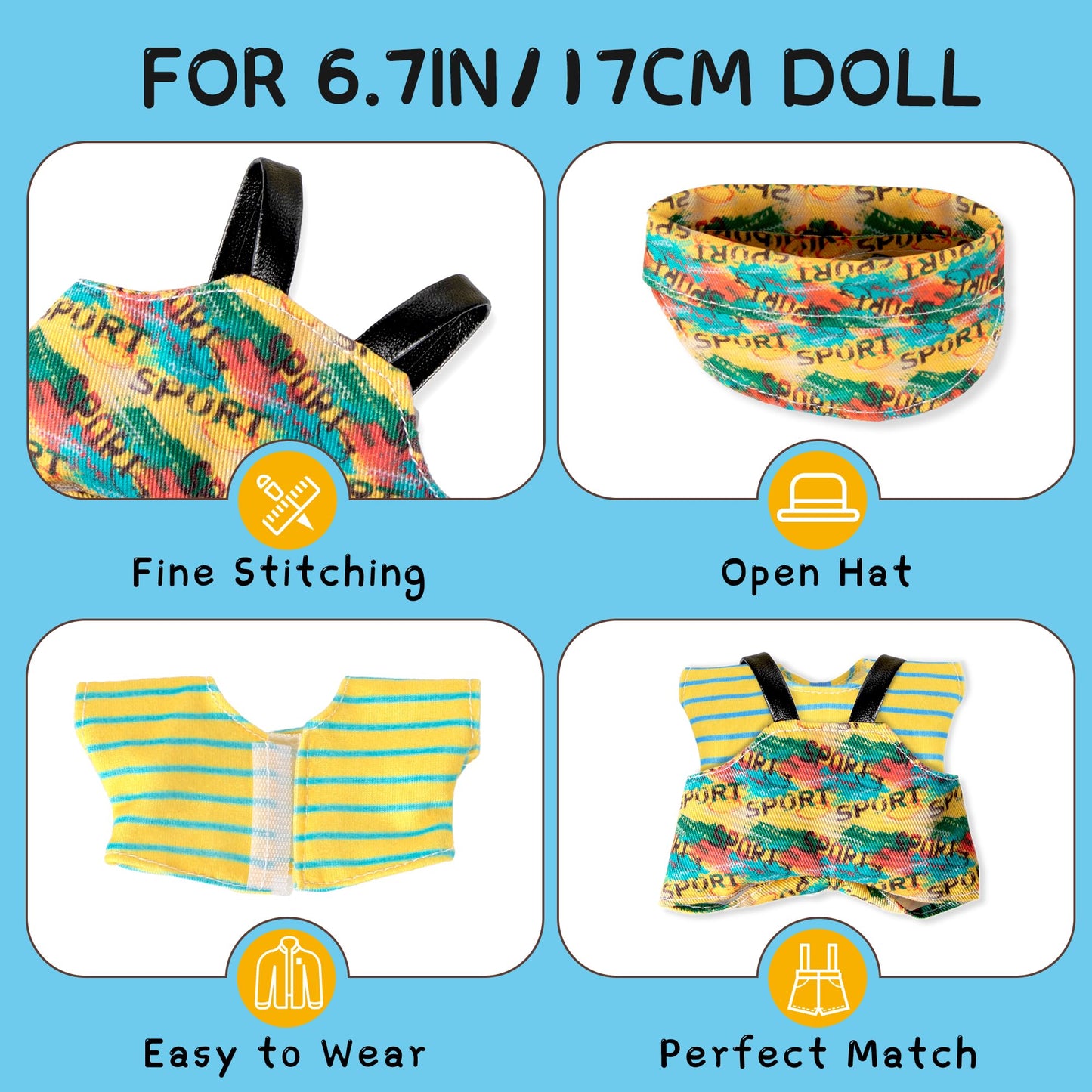 MOVOLIVI 6.7in Doll Outfit - 4-Piece Hat T-Shirt Bib Overalls Shoes Set (Style E2)