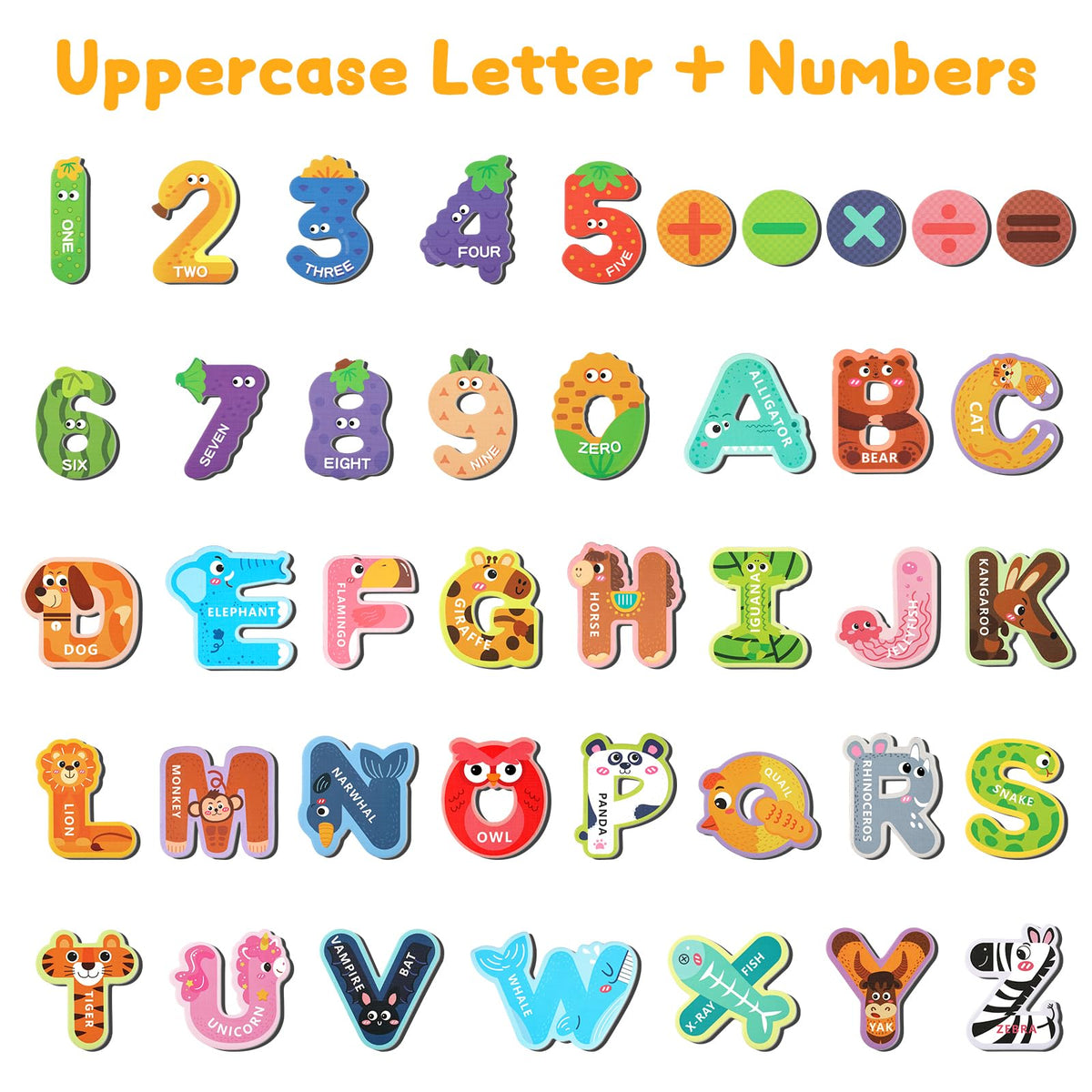 MOWPOG Magnetic Letters & Animal Alphabet Magnets – A–Z, Numbers & Operators – Preschool Learning Toy