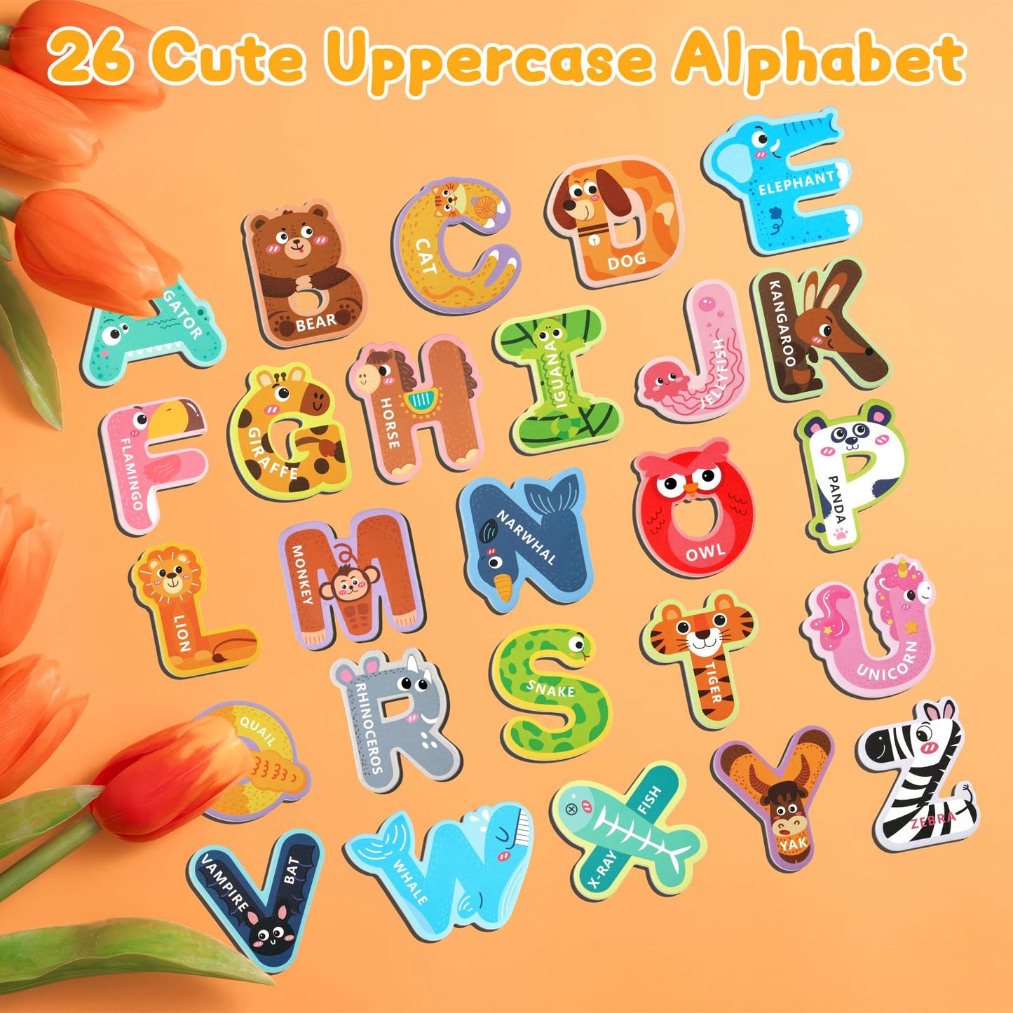 MOWPOG Magnetic Letters – 26 Animal Alphabet Magnets for Preschool Learning | Uppercase A-Z